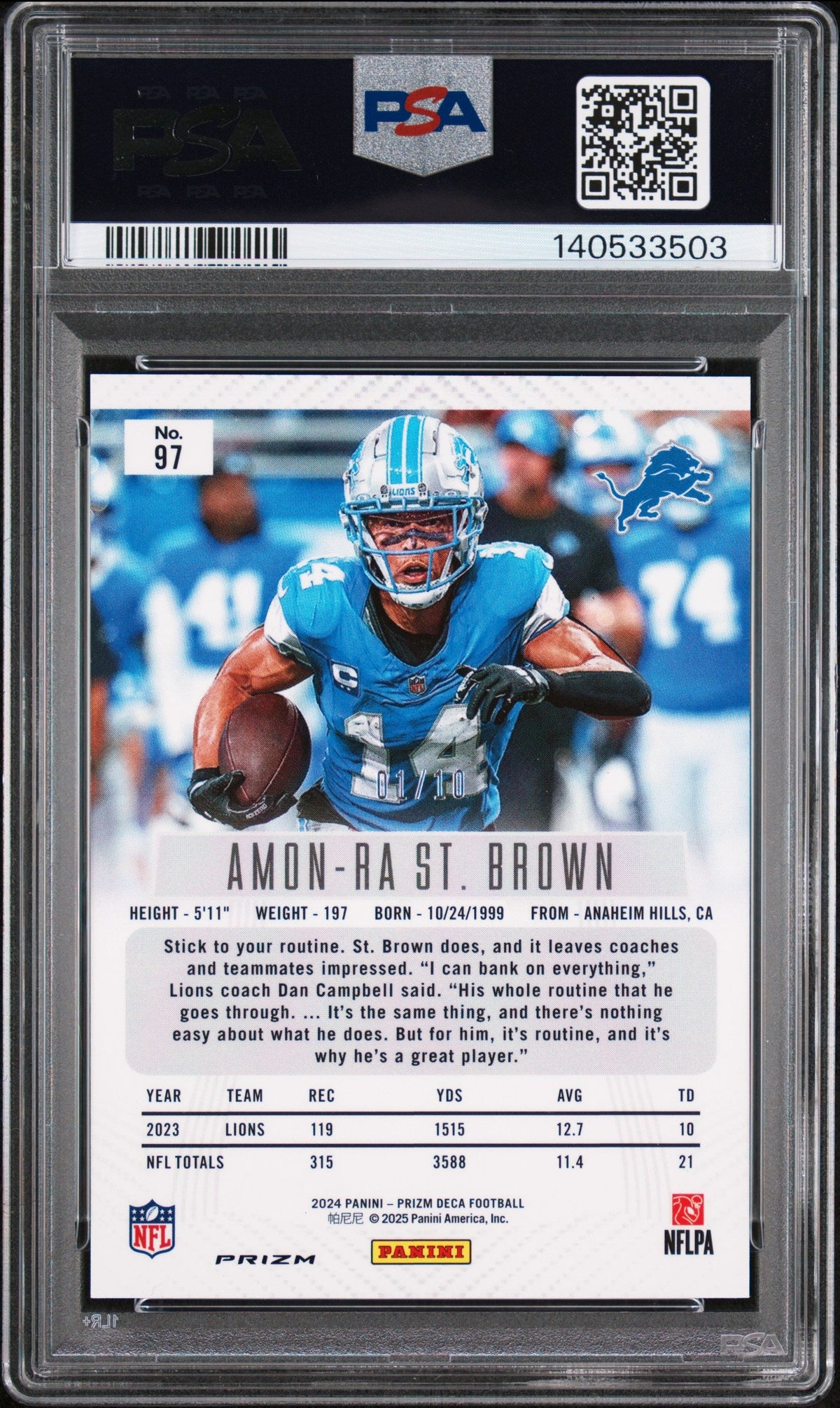 2024 Amon-ra St Brown 2024 Panini Prizm Deca Gold SP 1/10 PSA 9 Mint