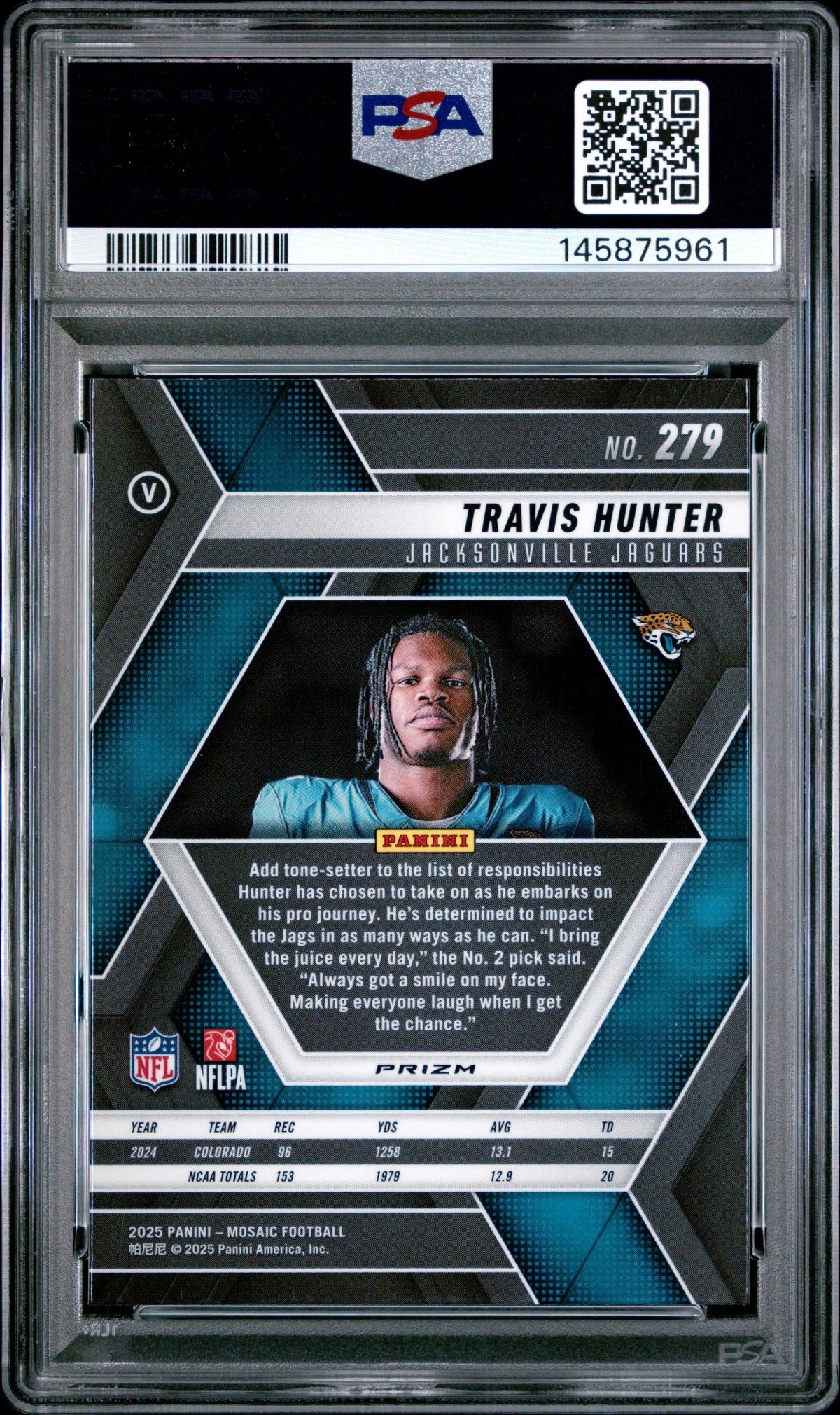 2025 Travis Hunter RC 2025 Panini Mosaic Genesis Prizm Variation Rookie SSP #279 PSA 10 Gem Mint