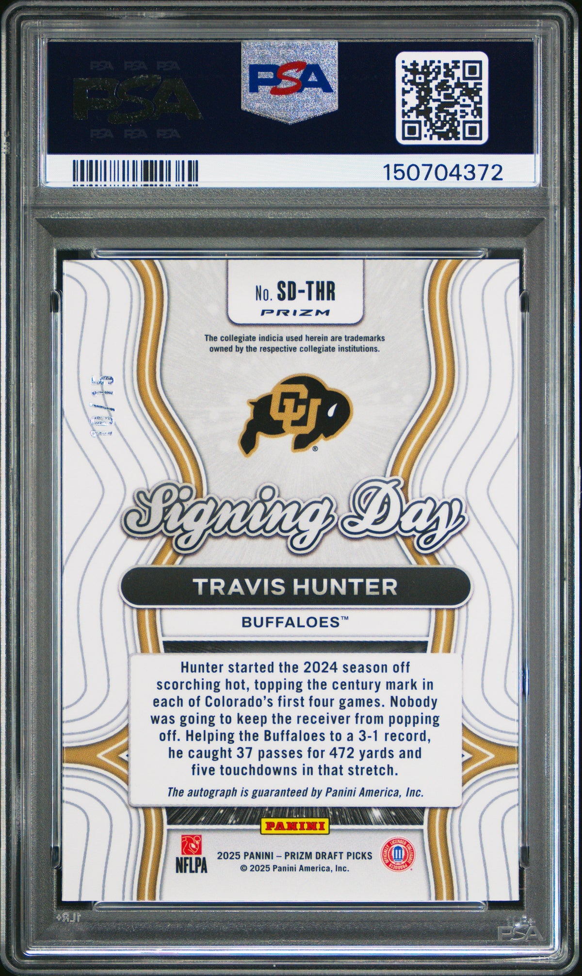 Travis Hunter RC 2025 Panini Prizm Draft Gold Shimmer Signing Day Rookie Auto SP 10/15 PSA 10