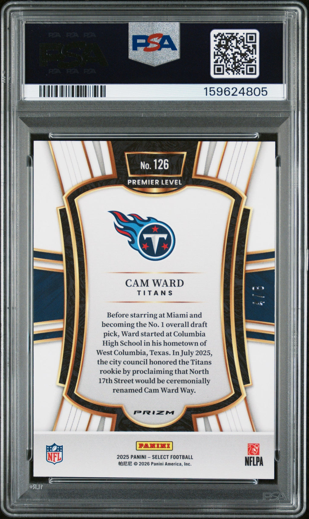 2025 Cam Ward RC 2025 Panini Select Premier Level Lucky Envelope Rookie SP 4/8 PSA 9 Mint