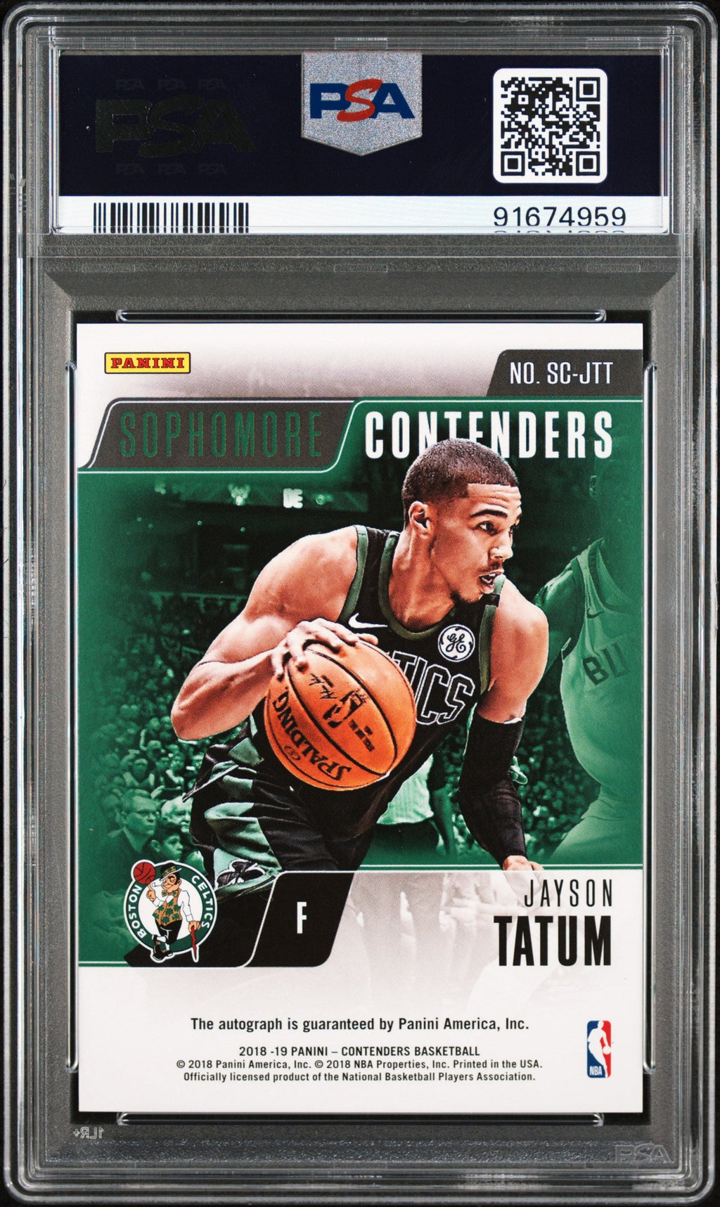 2018 Jayson Tatum 2018-19 Panini Contenders Sophomore Contenders Auto SP 9/99 PSA 8.5 Near Mint-Mint+