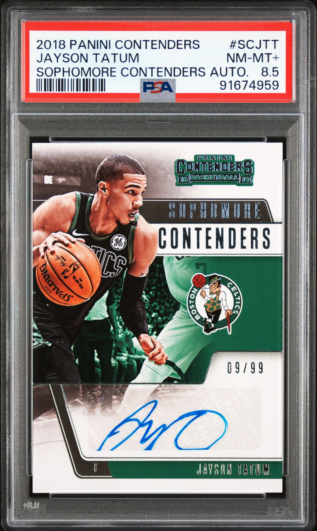 2018 Jayson Tatum 2018-19 Panini Contenders Sophomore Contenders Auto SP 9/99 PSA 8.5 Near Mint-Mint+
