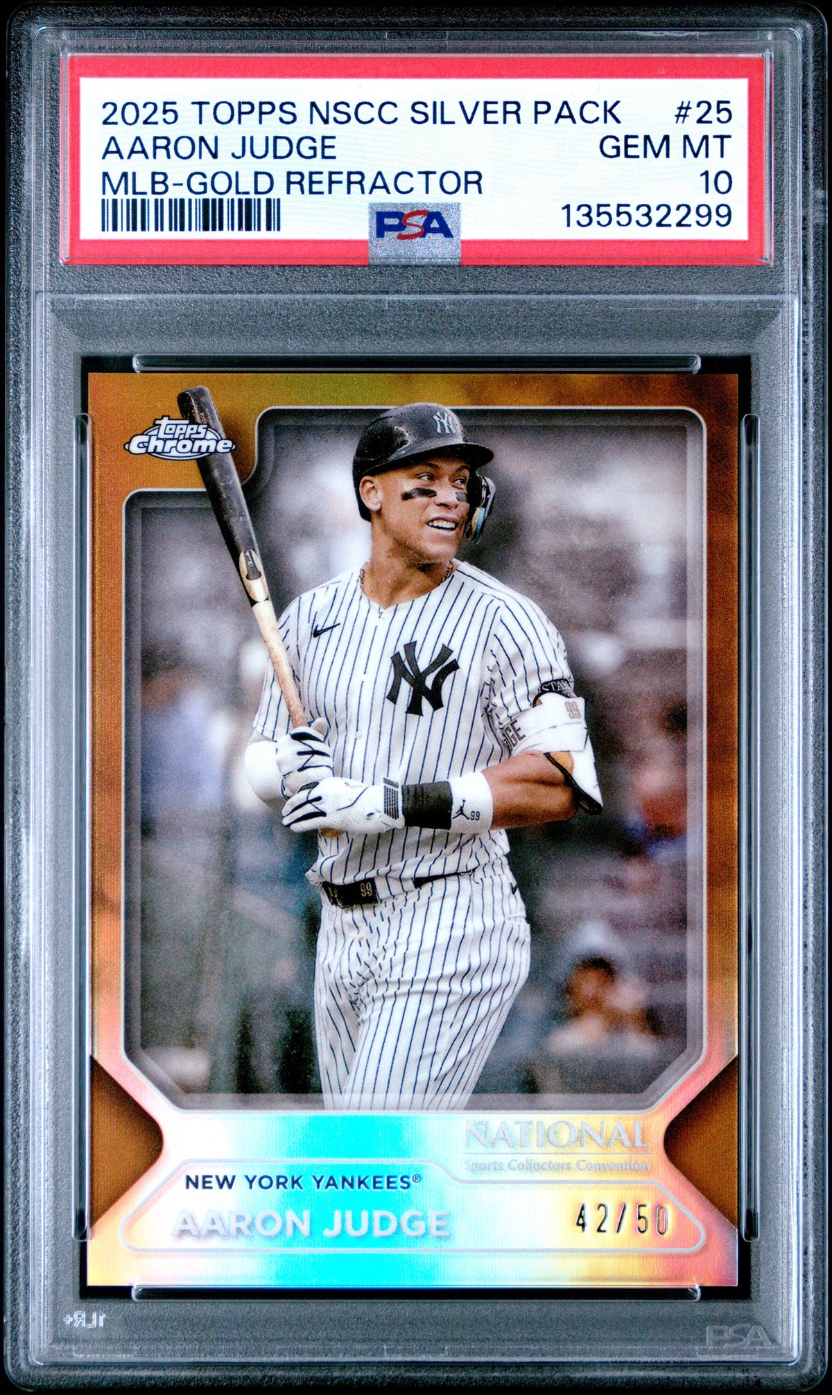 2025 Aaron Judge 2025 Topps Chrome National Convention Gold Refractor SP 42/50 PSA 10 Gem Mint