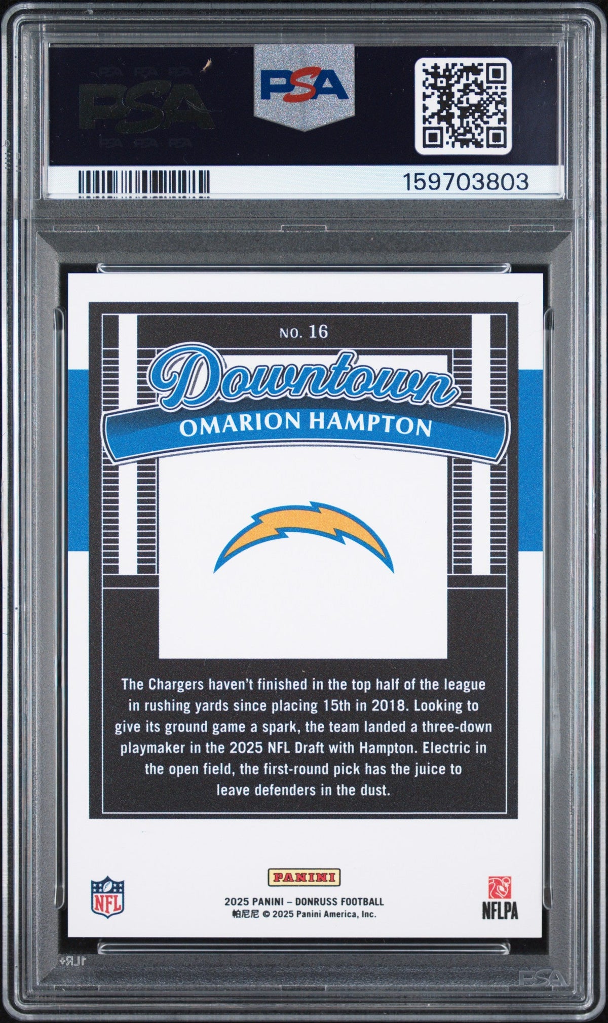 2025 Omarion Hampton RC 2025 Donruss Downtown! Rookie SSP #16 PSA 9 Mint