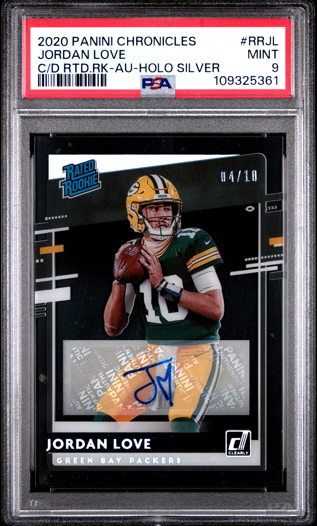 2020 Jordan Love RC 2020 Panini Chronicles Clearly Donruss Holo Silver Rated Rookie Auto SP 4/10 PSA 9 Mint
