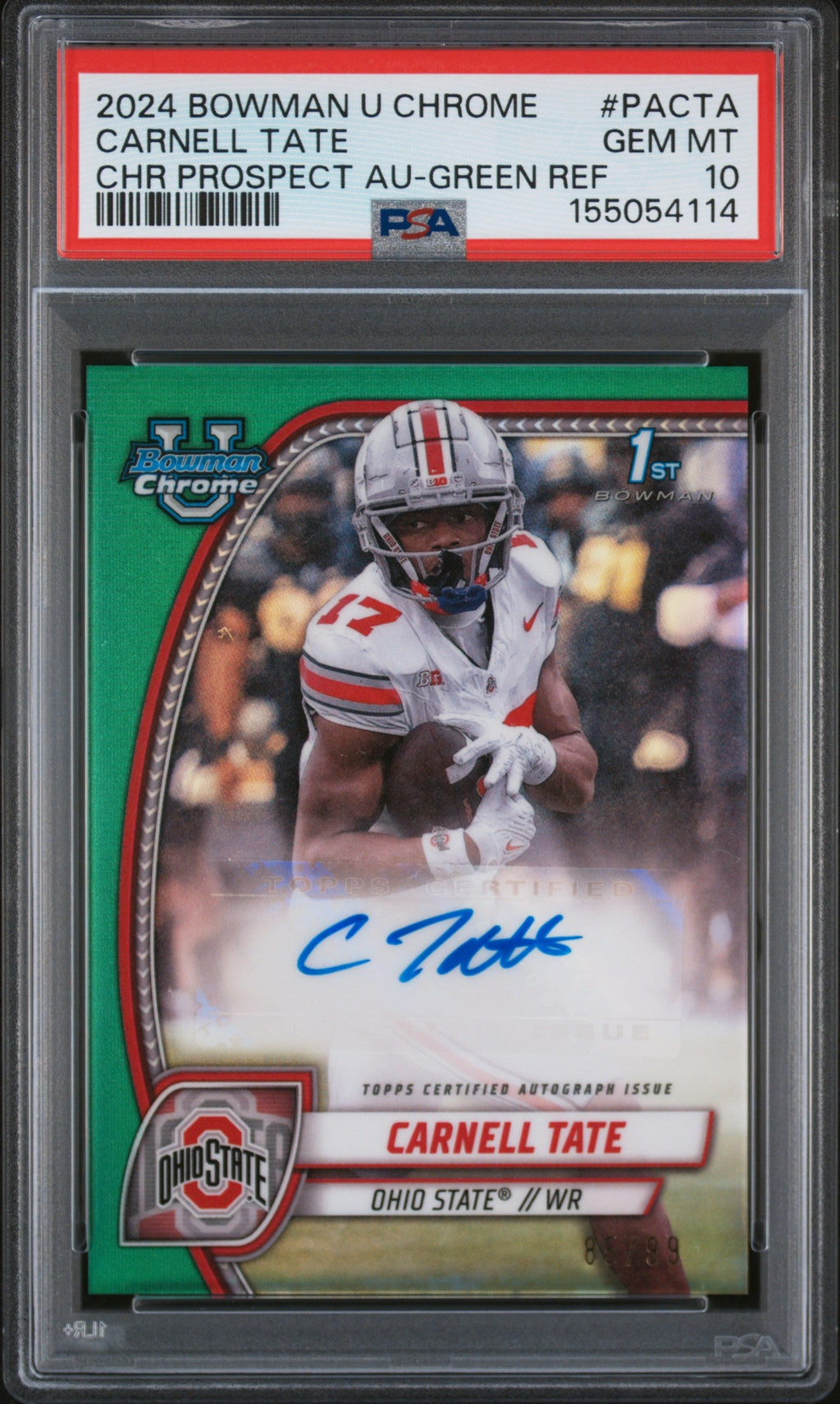 2024 Carnell Tate RC 2024 Bowman U Chrome Green Rookie Auto SP 85/99 PSA 10 Gem Mint