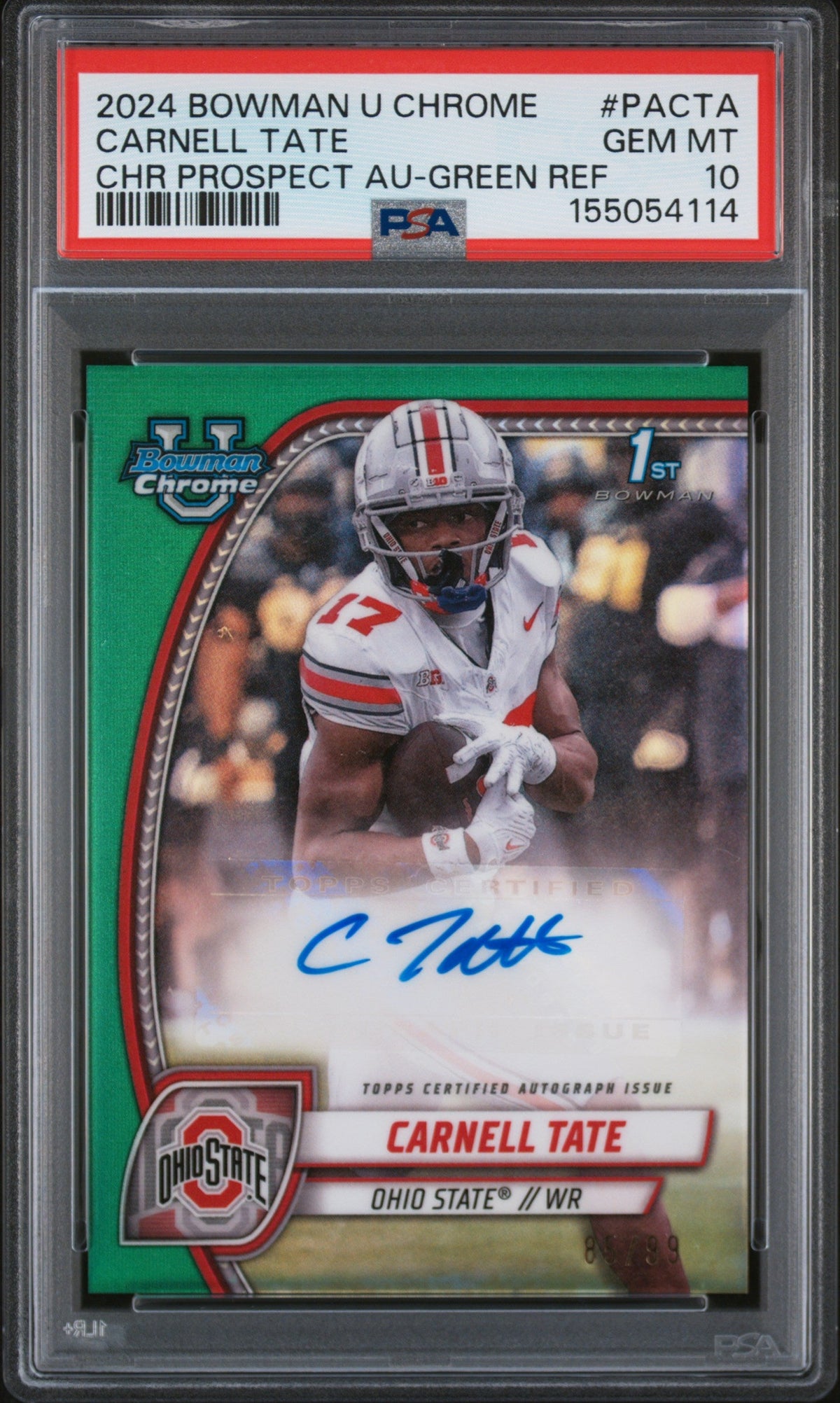 2024 Carnell Tate RC 2024 Bowman U Chrome Green Rookie Auto SP 85/99 PSA 10 Gem Mint