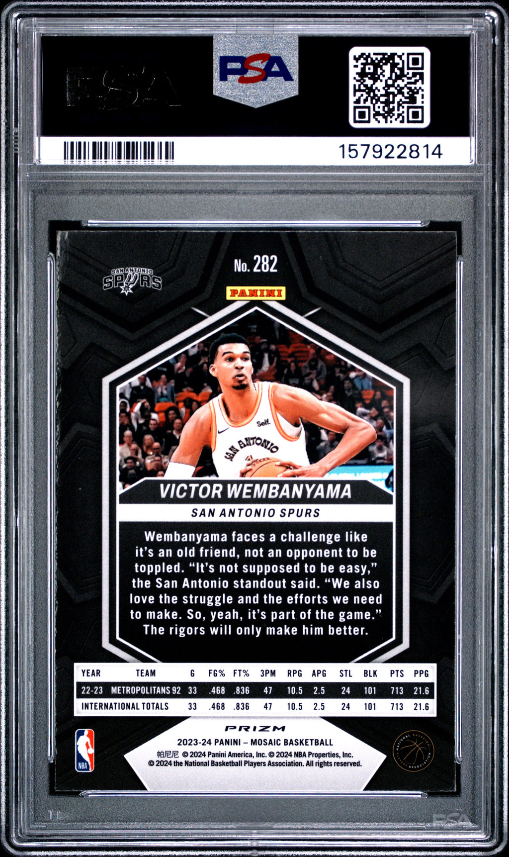 2023 Victor Wembanyama RC 2023 Panini Mosaic Blue Reactive Rookie #282 PSA 10 Gem Mint