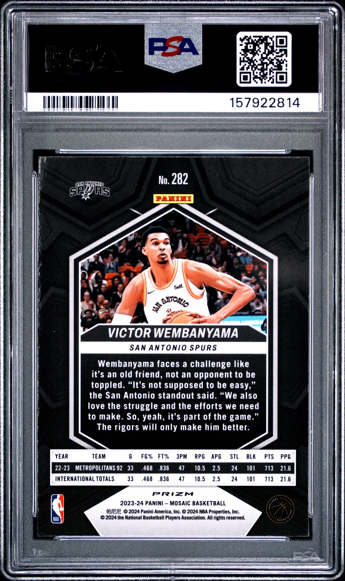 Victor Wembanyama RC 2023 Panini Mosaic Blue Reactive Rookie #282 PSA 10