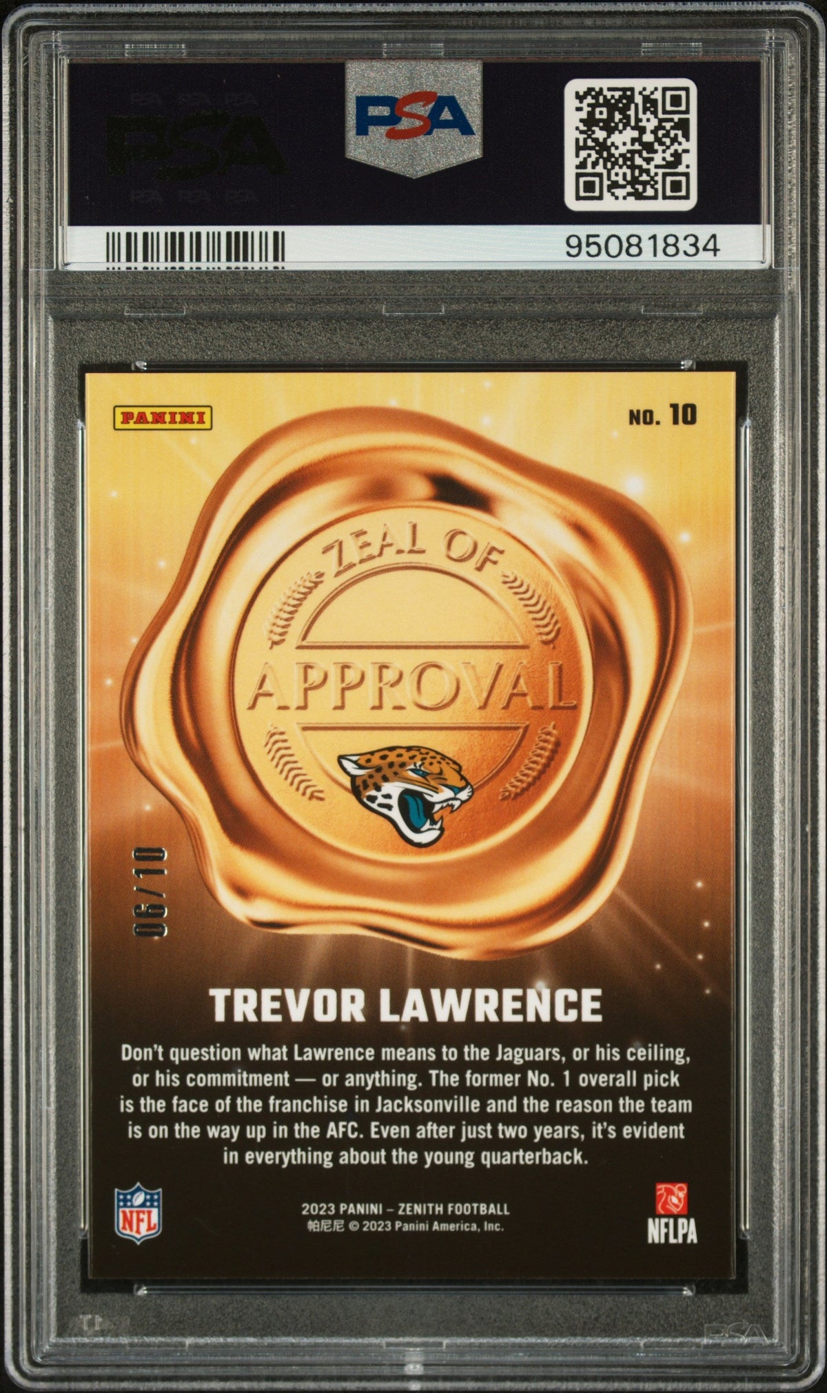 2023 Trevor Lawrence 2023 Panini Zenith Gold Zeal Of Approval SP 6/10 PSA 10 Gem Mint