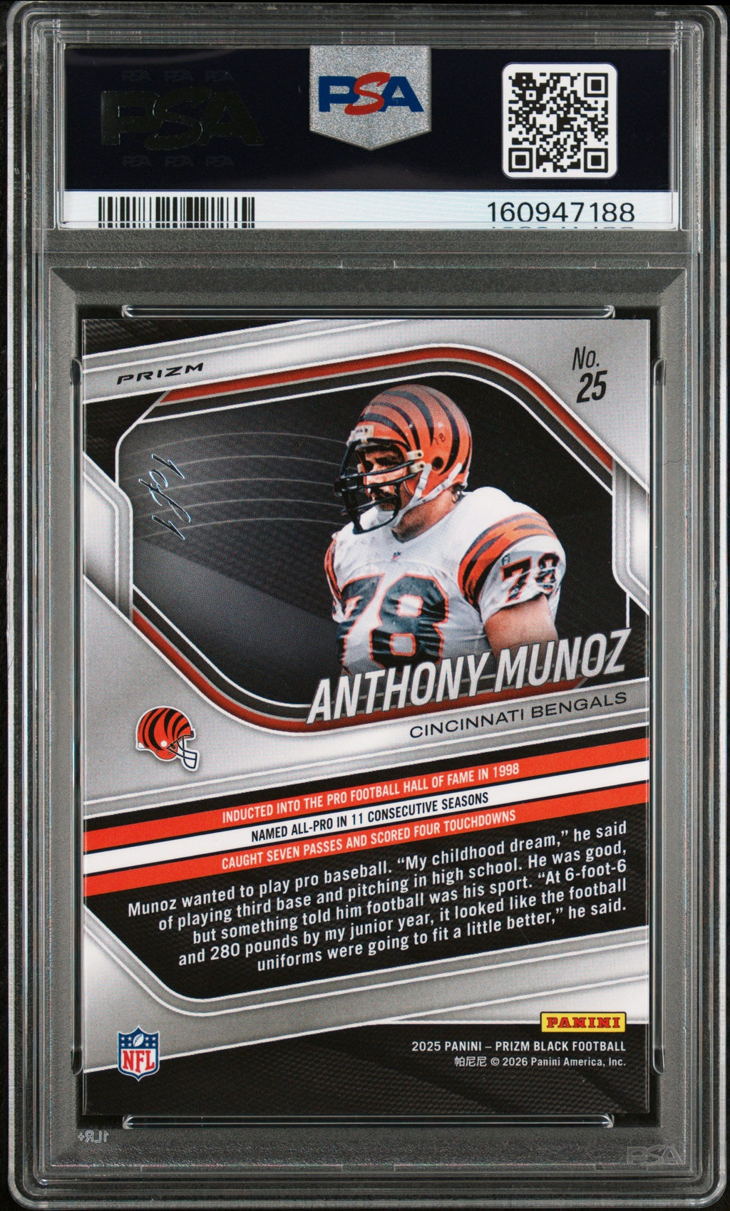 2025 Panini Prizm Black #25 Anthony Munoz Nebula FOTL 1/1 PSA 9 Mint