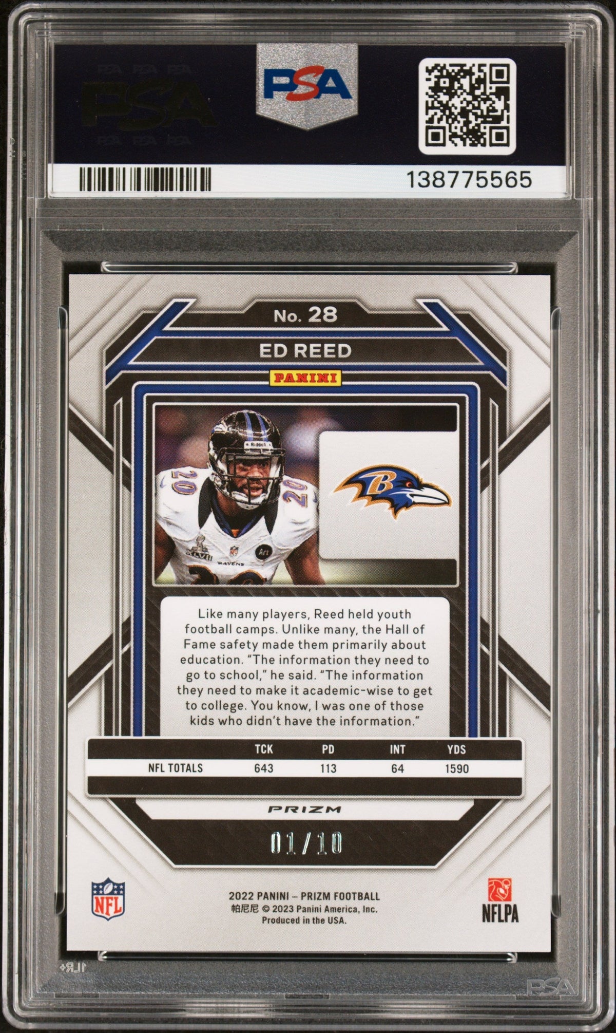 2022 Panini Prizm #28 Ed Reed Gold Prizm 1/10 PSA 9