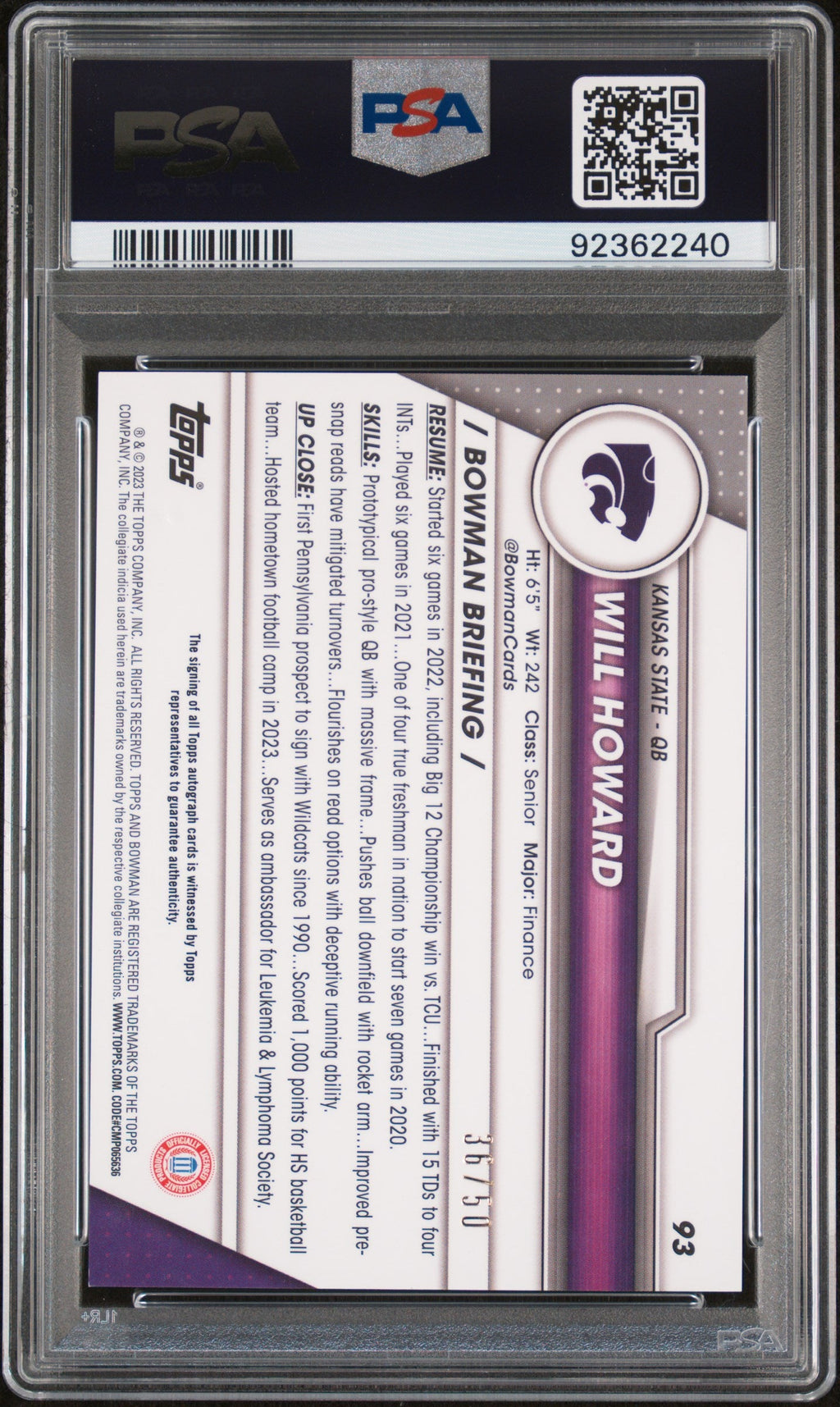 2023 Bowman University Chrome #93 Will Howard Autograph-gold Refractor 36/50 PSA 10 Gem Mint