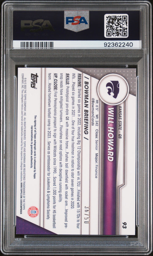 2023 Bowman University Chrome #93 Will Howard Autograph-gold Refractor 36/50 PSA 10 Gem Mint
