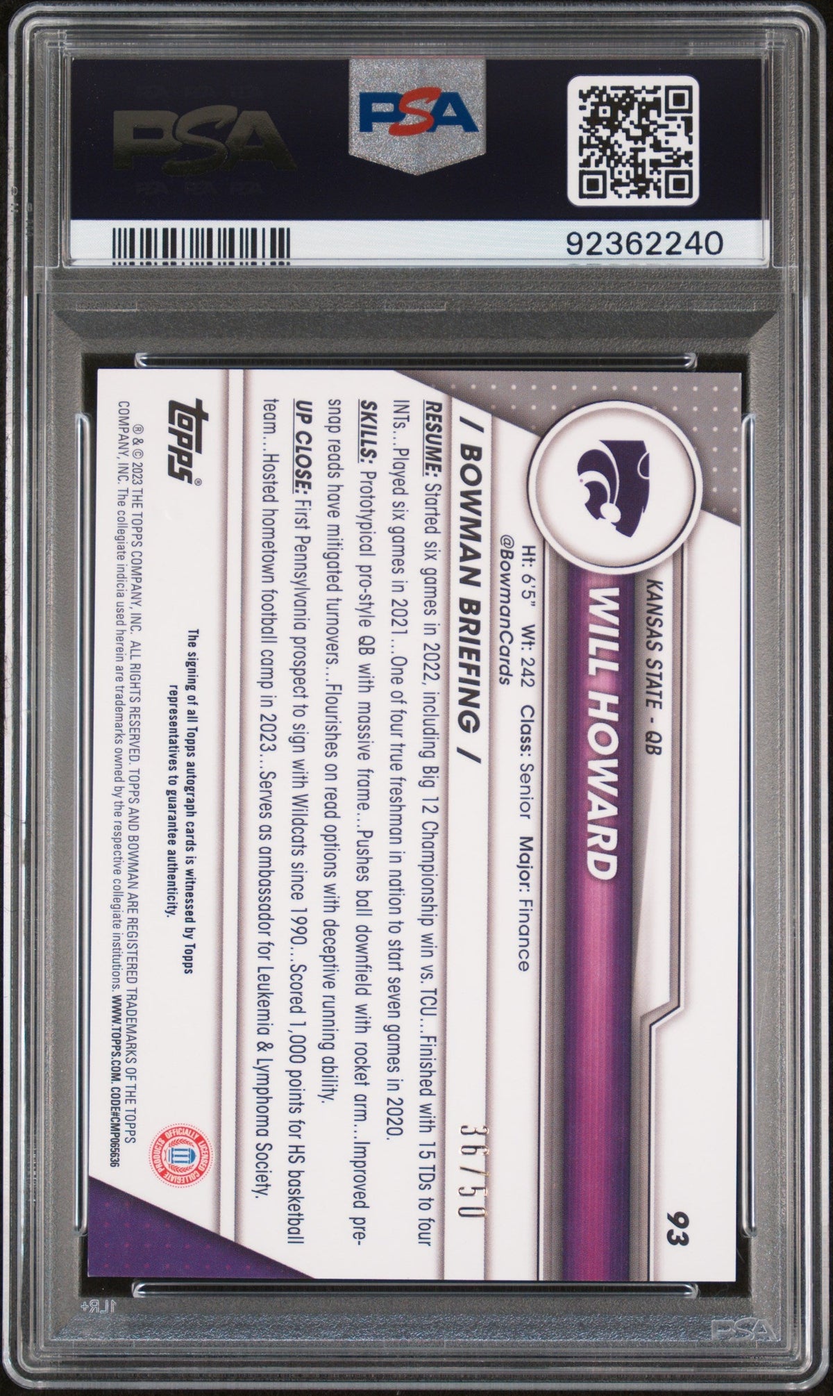 2023 Bowman University Chrome #93 Will Howard Autograph-Gold Refractor 36/50 PSA 10