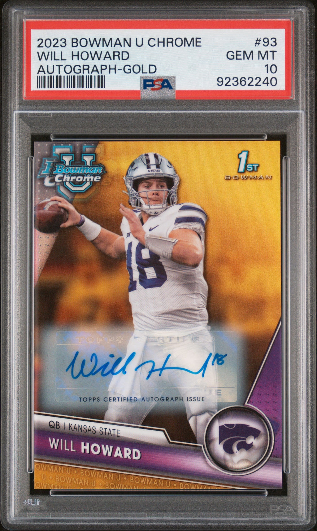 2023 Bowman University Chrome #93 Will Howard Autograph-gold Refractor 36/50 PSA 10 Gem Mint