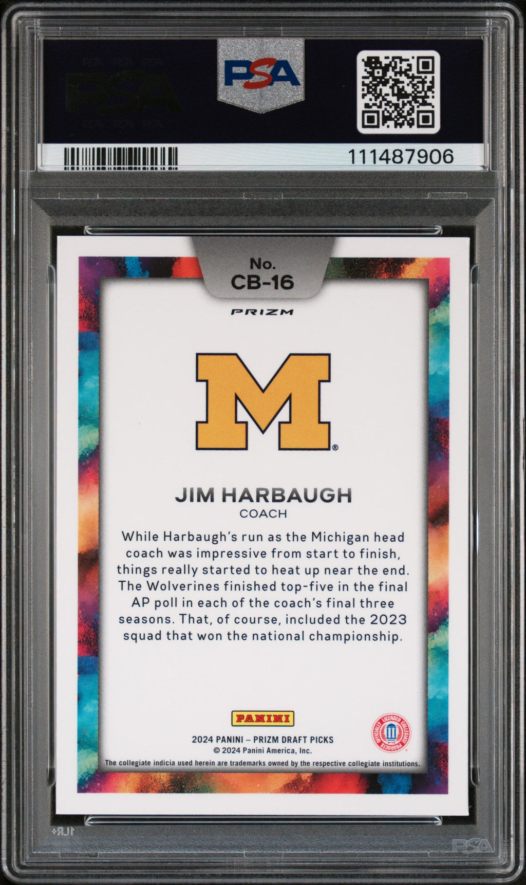 2024 Panini Prizm Draft Picks Black Color Blast #CB16 Jim Harbaugh PSA 10 Gem Mint