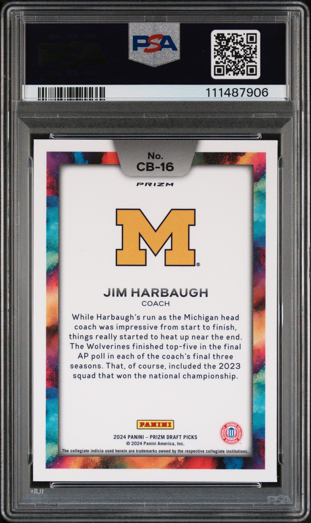 2024 Panini Prizm Draft Picks Black Color Blast #CB16 Jim Harbaugh PSA 10 Gem Mint