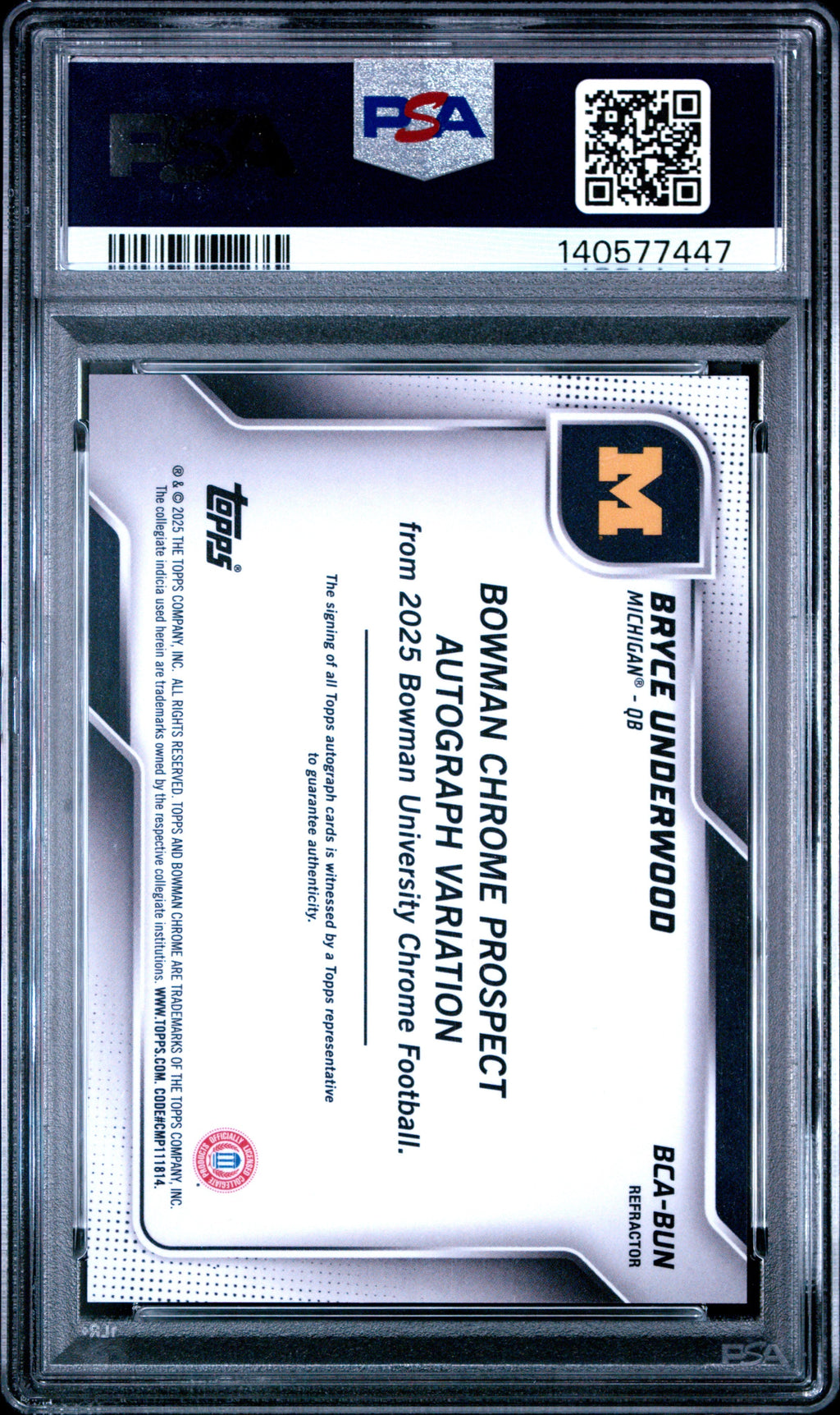2025 Bowman University Chrome Bryce Underwood Prospect Refractor Auto 203/299 PSA 9 Mint