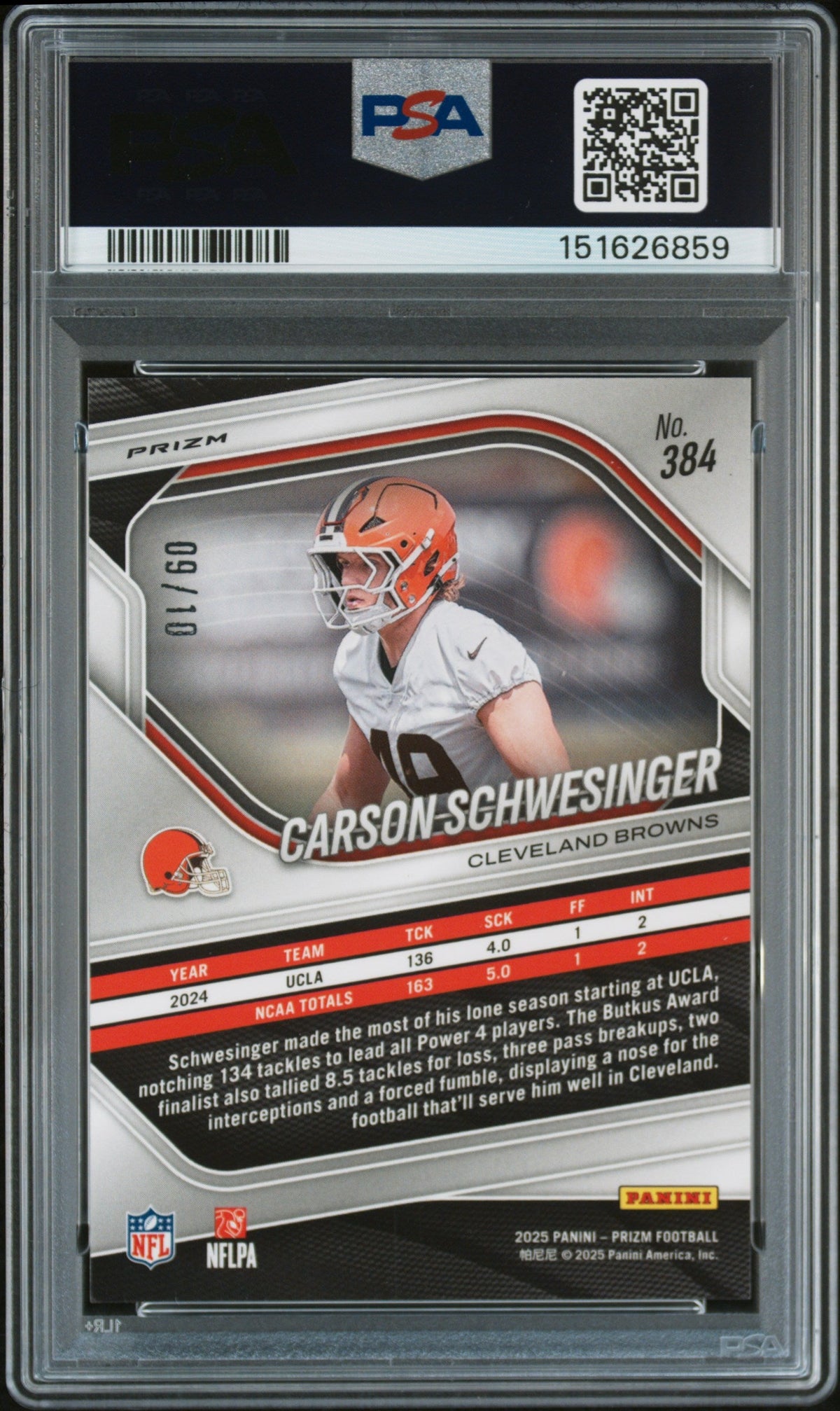 2025 Panini Prizm #384 Carson Schwesinger Gold Choice 9/10 PSA 9 Mint