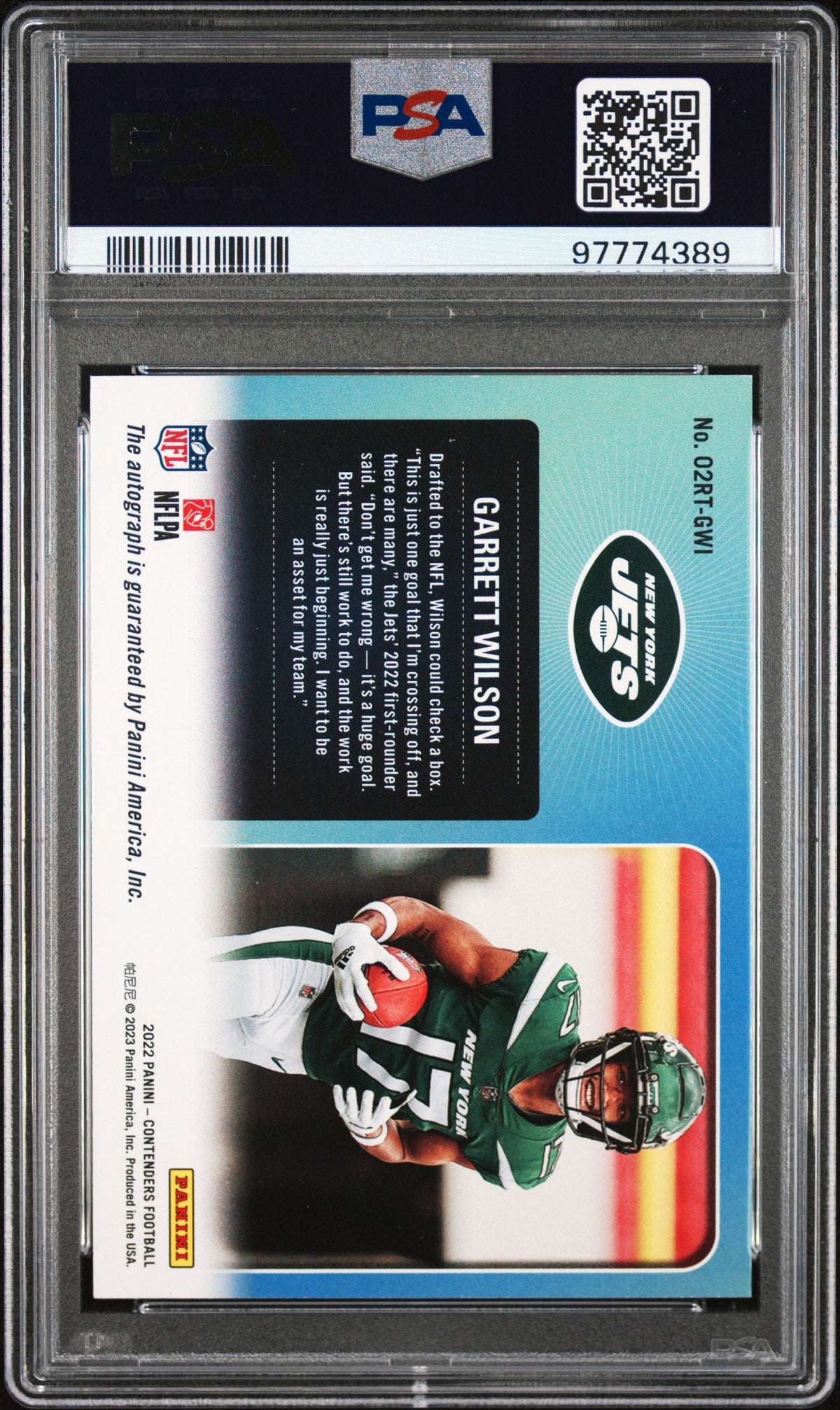 2022 Panini Contenders 2002 Rookie Ticket Rps Jersey # 17/22 #02RTGWI Garrett Wilson 2002 Rookie Ticket Rps PSA 8 Near Mint-Mint