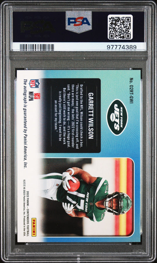 2022 Panini Contenders 2002 Rookie Ticket Rps Jersey # 17/22 #02RTGWI Garrett Wilson 2002 Rookie Ticket Rps PSA 8 Near Mint-Mint