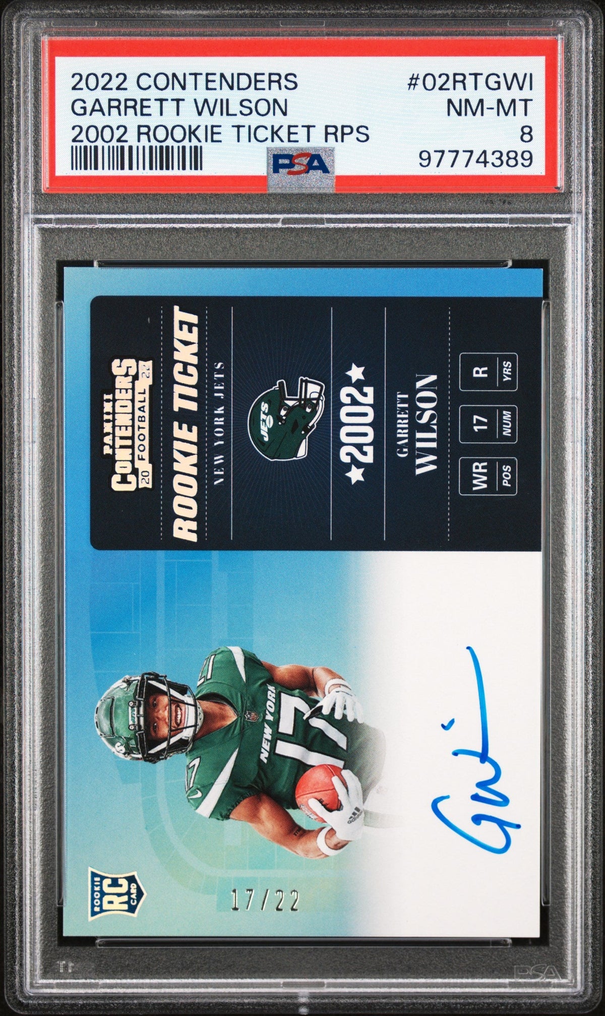 2022 Panini Contenders 2002 Rookie Ticket Rps Jersey # 17/22 #02RTGWI Garrett Wilson 2002 Rookie Ticket Rps PSA 8 Near Mint-Mint