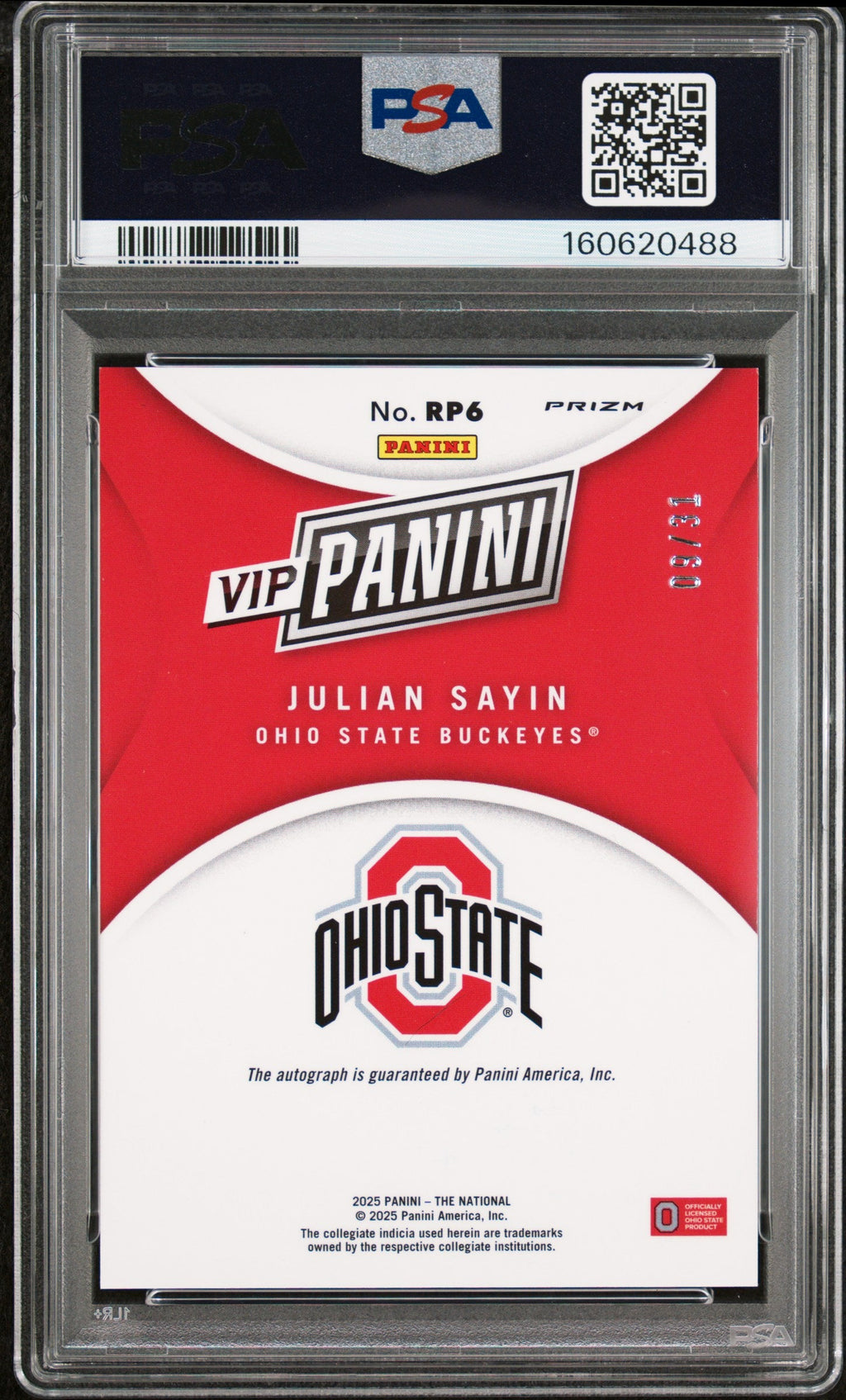 2025 Julian Sayin 2025 Panini National Sports Collectors Convention Vip Gold Autograph 9/31 #RP6 PSA 8 Near Mint-Mint