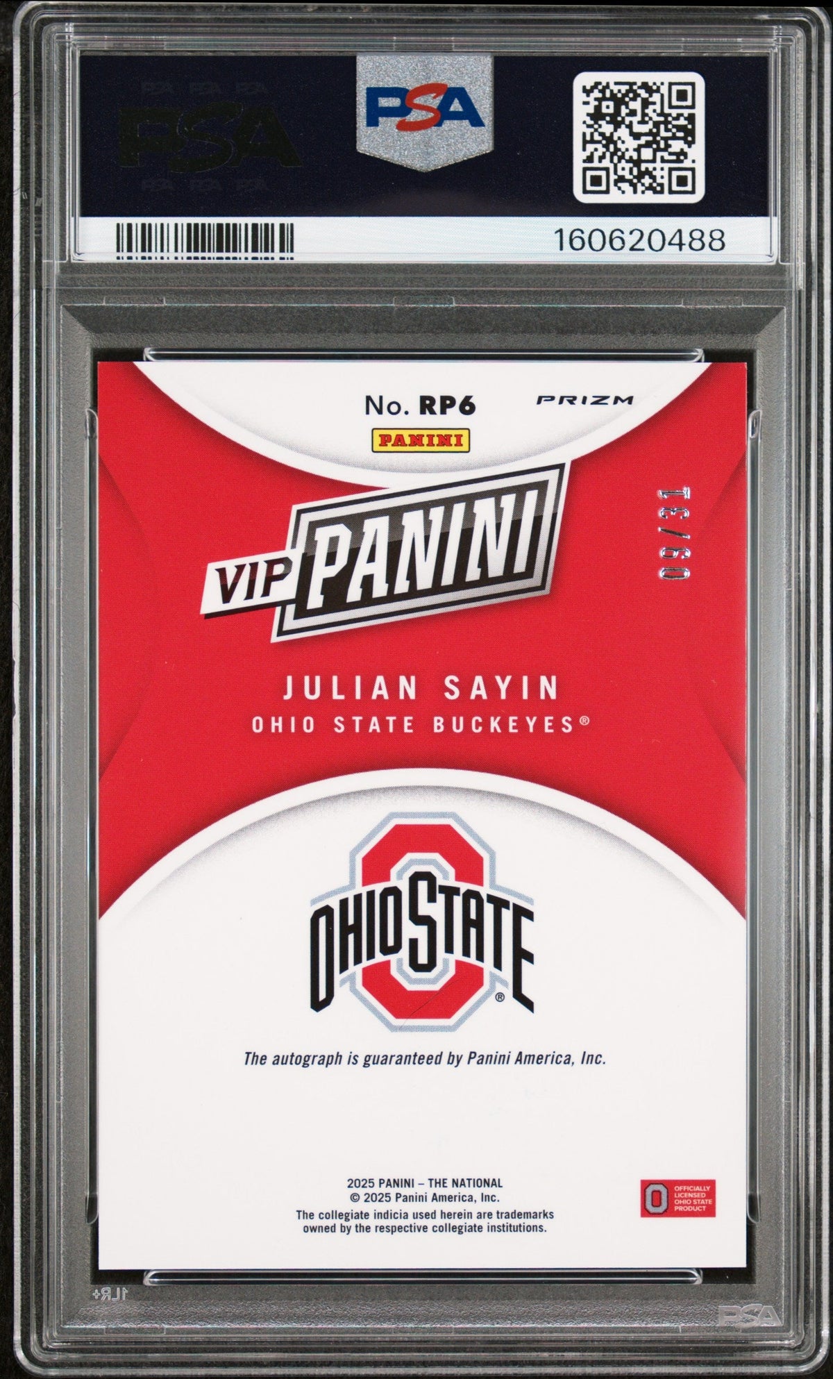 2025 Julian Sayin 2025 Panini National Sports Collectors Convention Vip Gold Autograph 9/31 #RP6 PSA 8 Near Mint-Mint