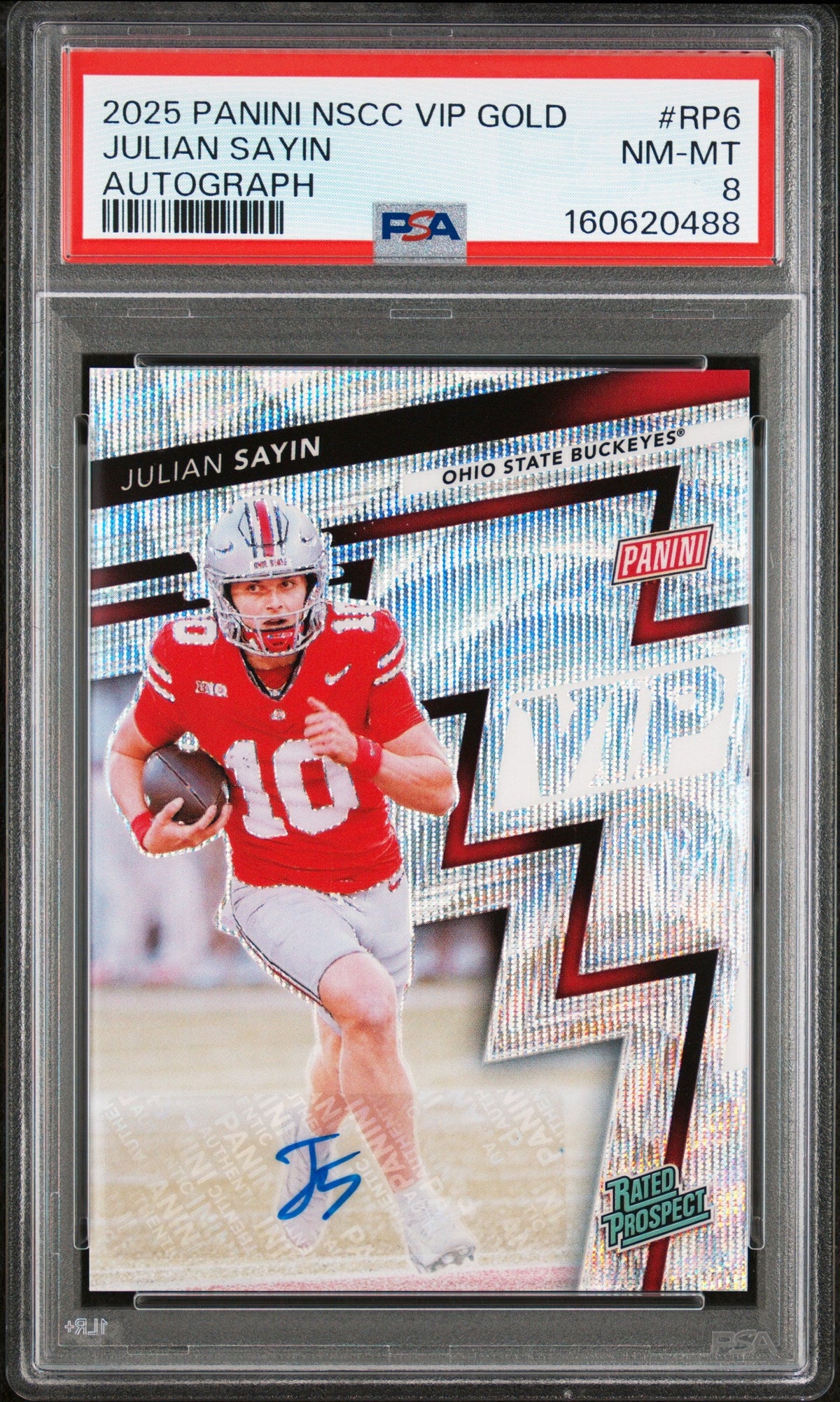 2025 Julian Sayin 2025 Panini National Sports Collectors Convention Vip Gold Autograph 9/31 #RP6 PSA 8 Near Mint-Mint
