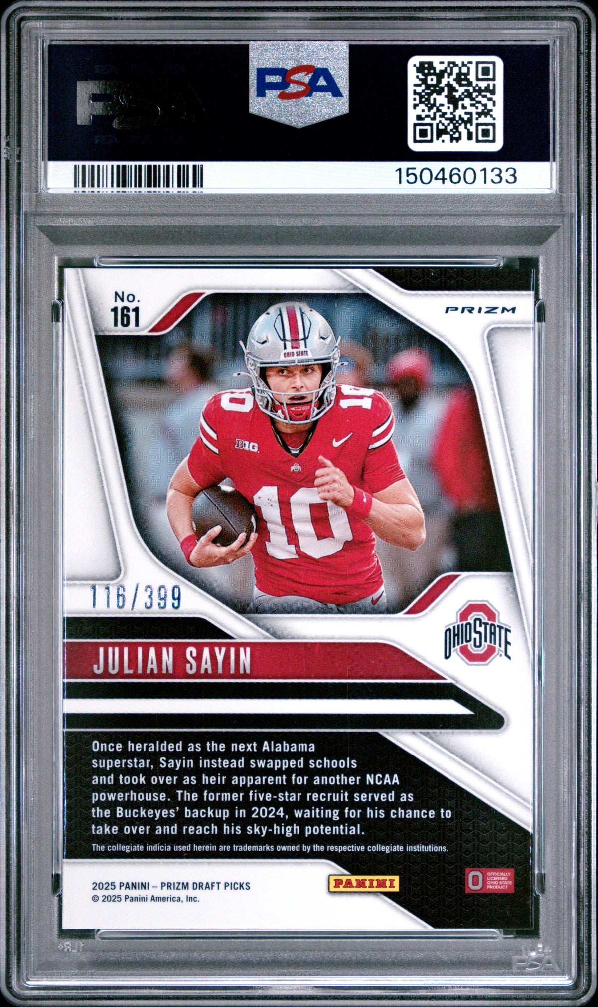 2025 Julian Sayin 2025 Panini Prizm Draft Picks Red Prizm 116/399 #161 PSA 10 Gem Mint