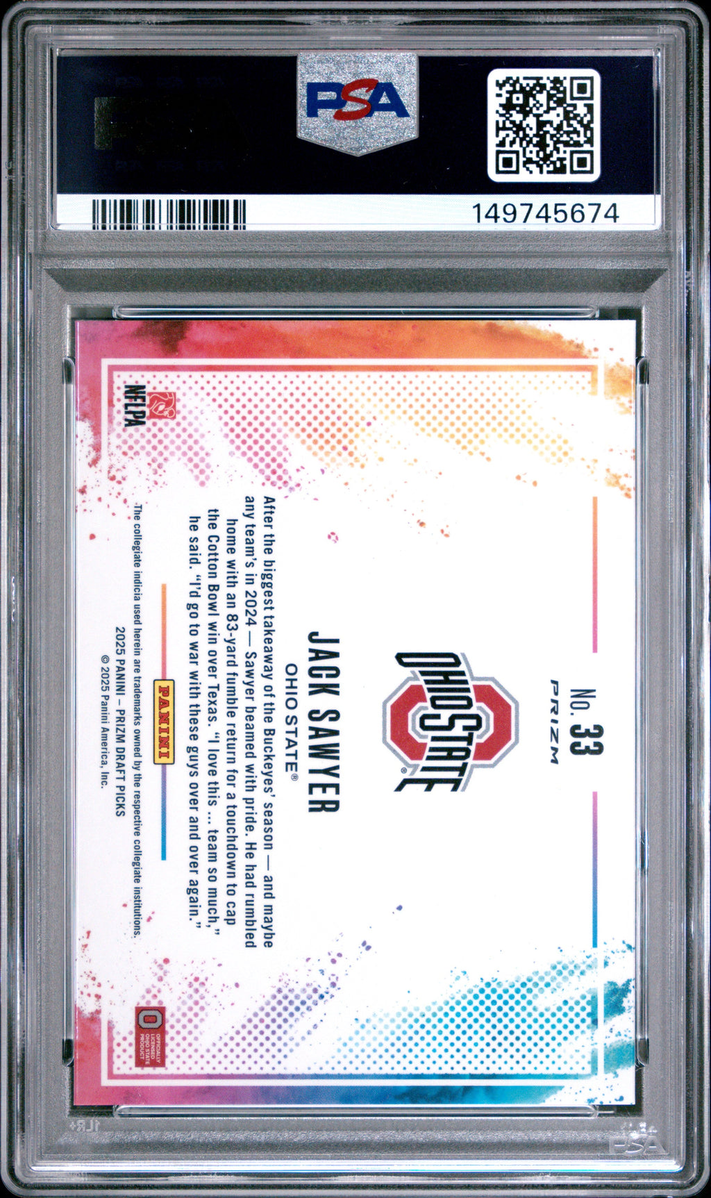 2025 Jack Sawyer 2025 Panini Prizm Draft Picks Black Color Blast #33 PSA 9 Mint