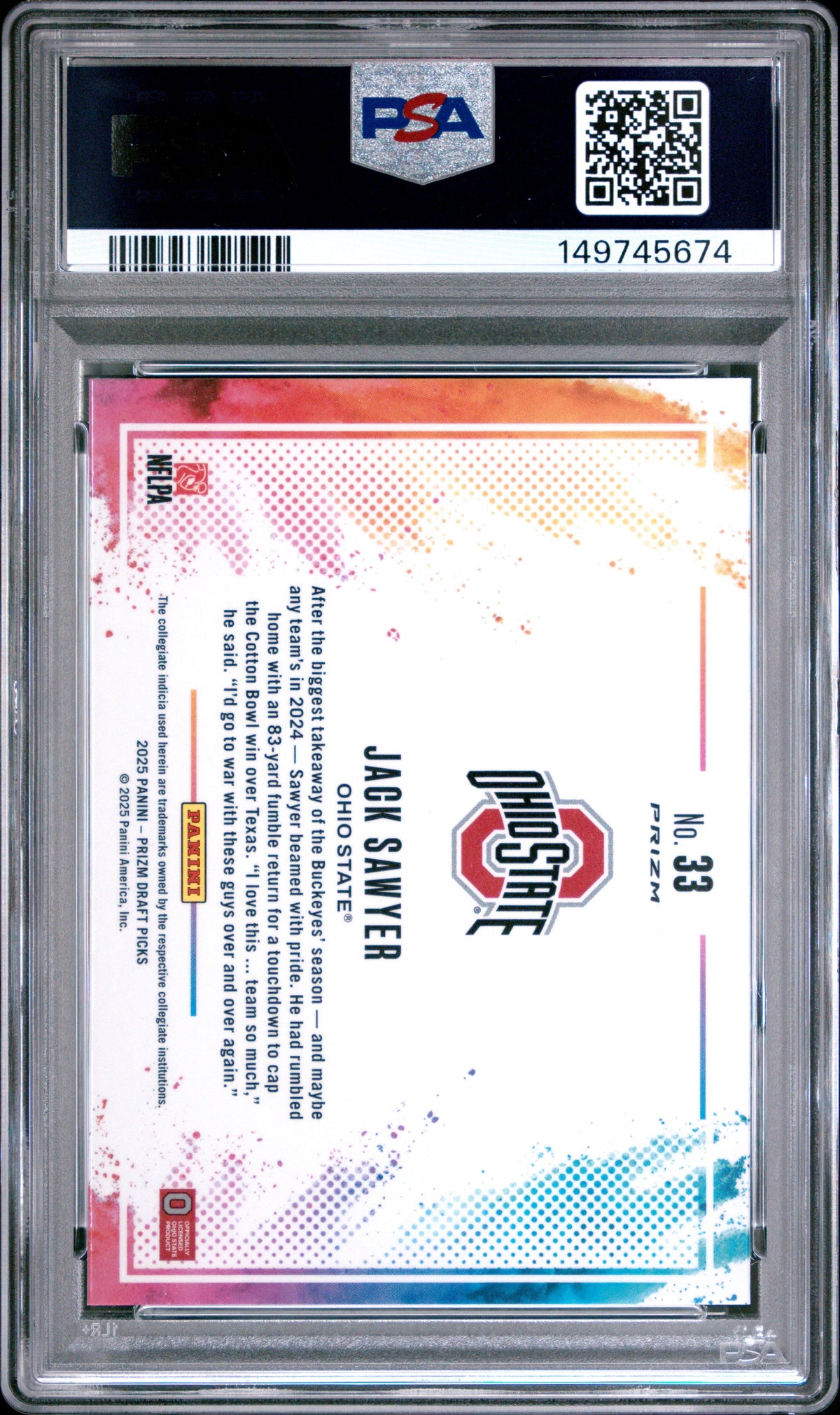 2025 Jack Sawyer 2025 Panini Prizm Draft Picks Black Color Blast #33 PSA 9 Mint