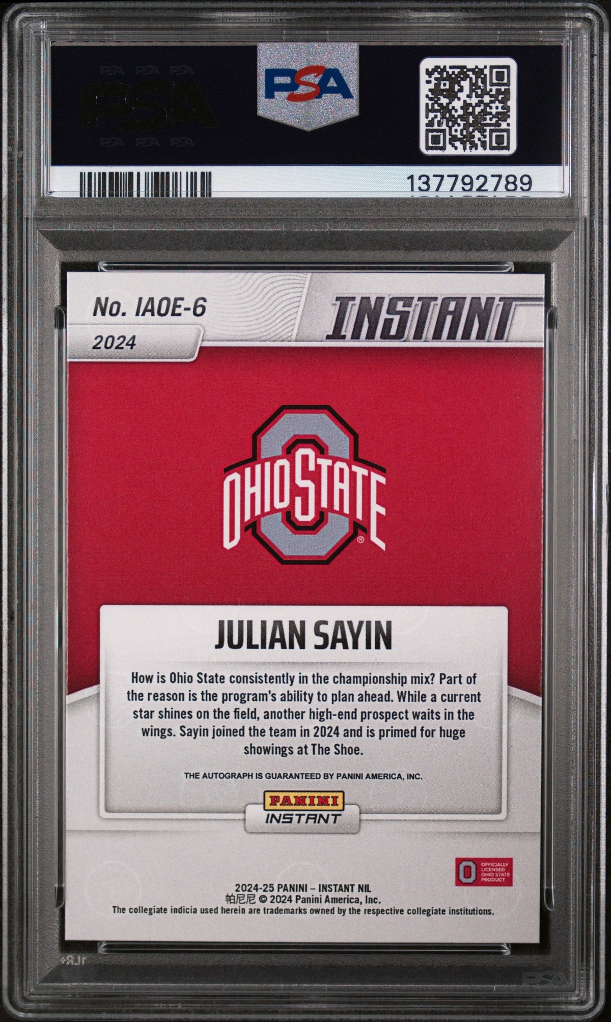 2024 Julian Sayin 2024 Panini Instant NIL College Football Open Edition Autographs #IAOE6 PSA 10 Gem Mint