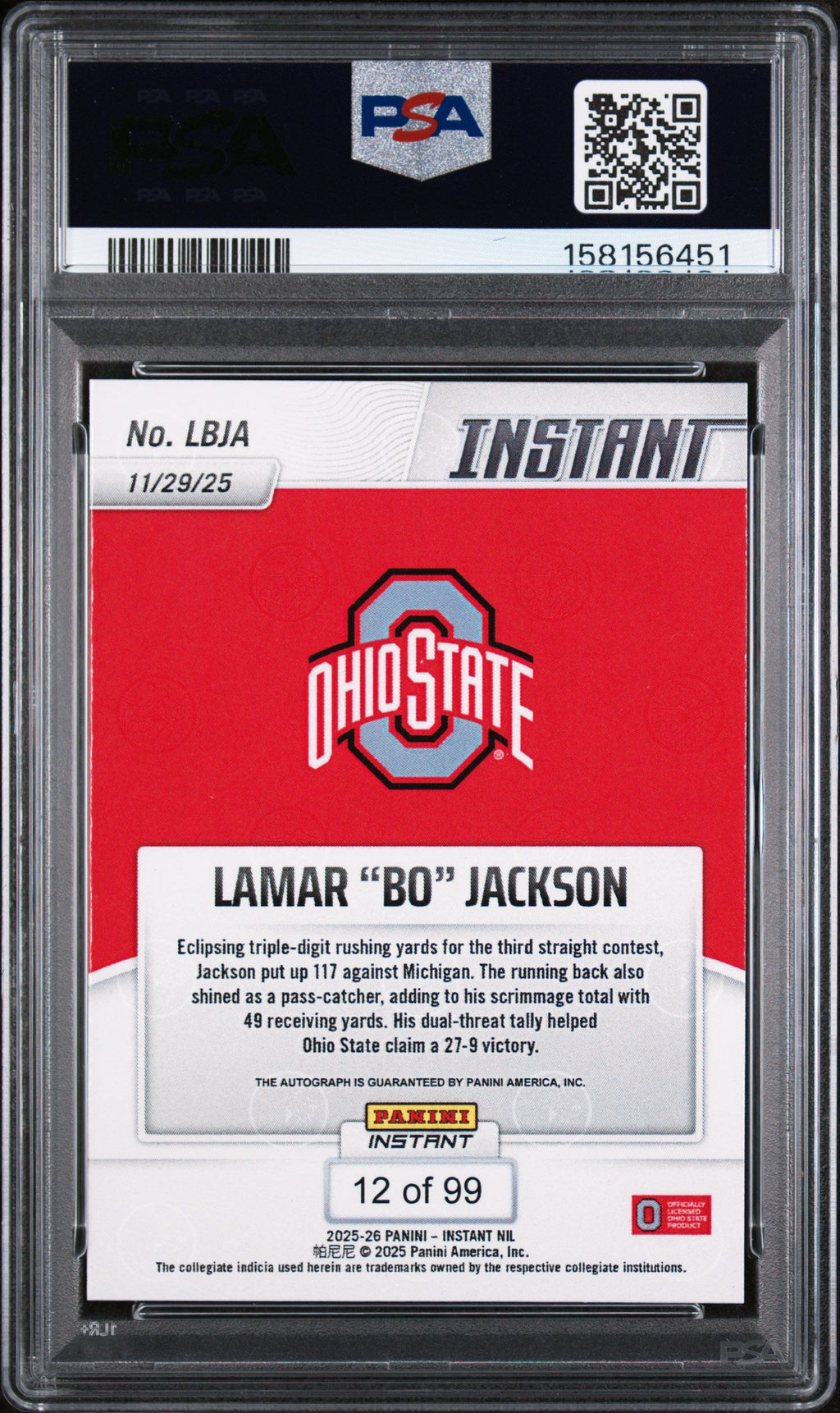 2025 Lamar "bo" Jackson 2025 Panini Instant NIL College Football Autograph 12/99 #lbja PSA 10 Gem Mint