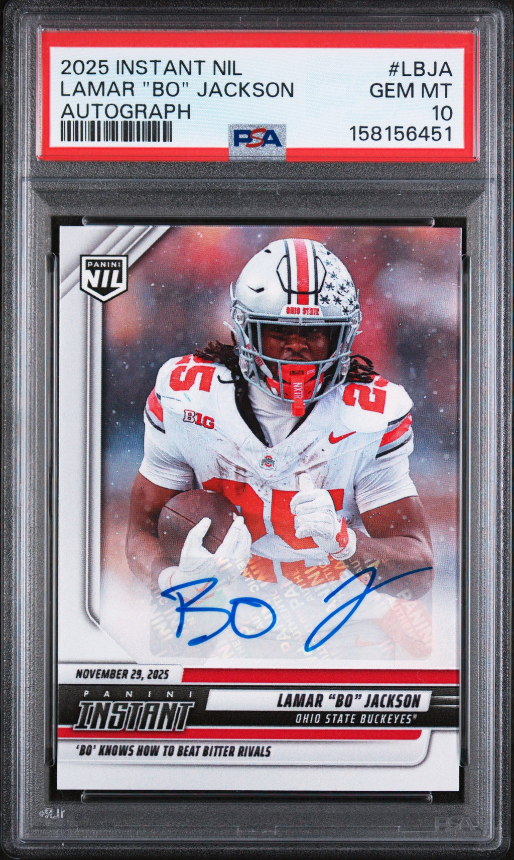 2025 Lamar "bo" Jackson 2025 Panini Instant NIL College Football Autograph 12/99 #lbja PSA 10 Gem Mint