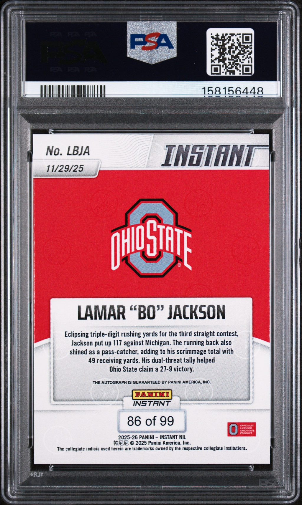 2025 Lamar "bo" Jackson 2025 Panini Instant NIL College Football Autograph 86/99 #lbja PSA 10 Gem Mint