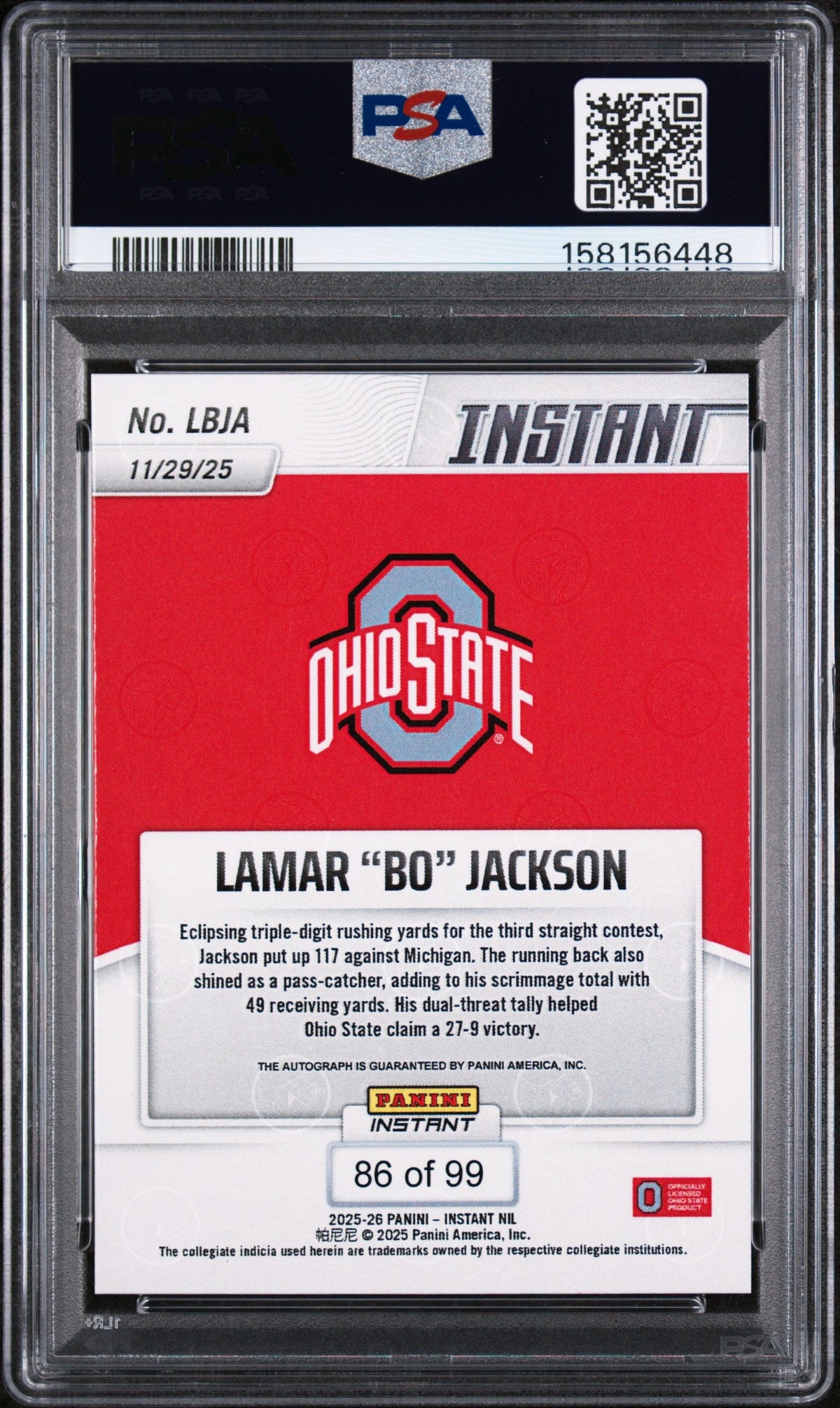 2025 Lamar "bo" Jackson 2025 Panini Instant NIL College Football Autograph 86/99 #lbja PSA 10 Gem Mint