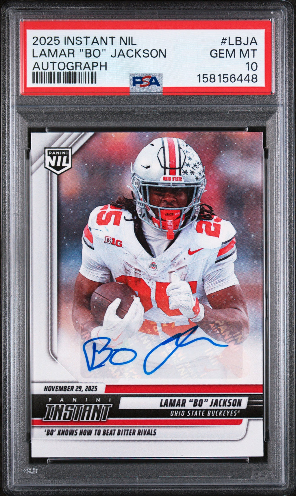 2025 Lamar "bo" Jackson 2025 Panini Instant NIL College Football Autograph 86/99 #lbja PSA 10 Gem Mint