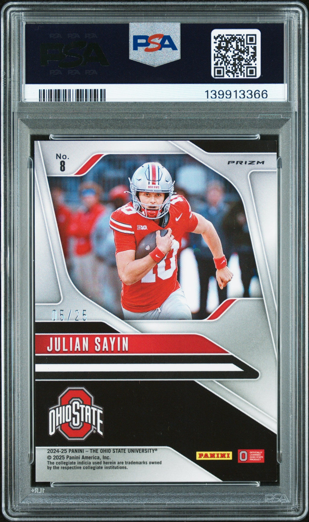 2024 Julian Sayin 2024 Panini The Ohio State University NIL Prizm Prizm-silver Vinyl 5/25 #8 PSA 9 Mint