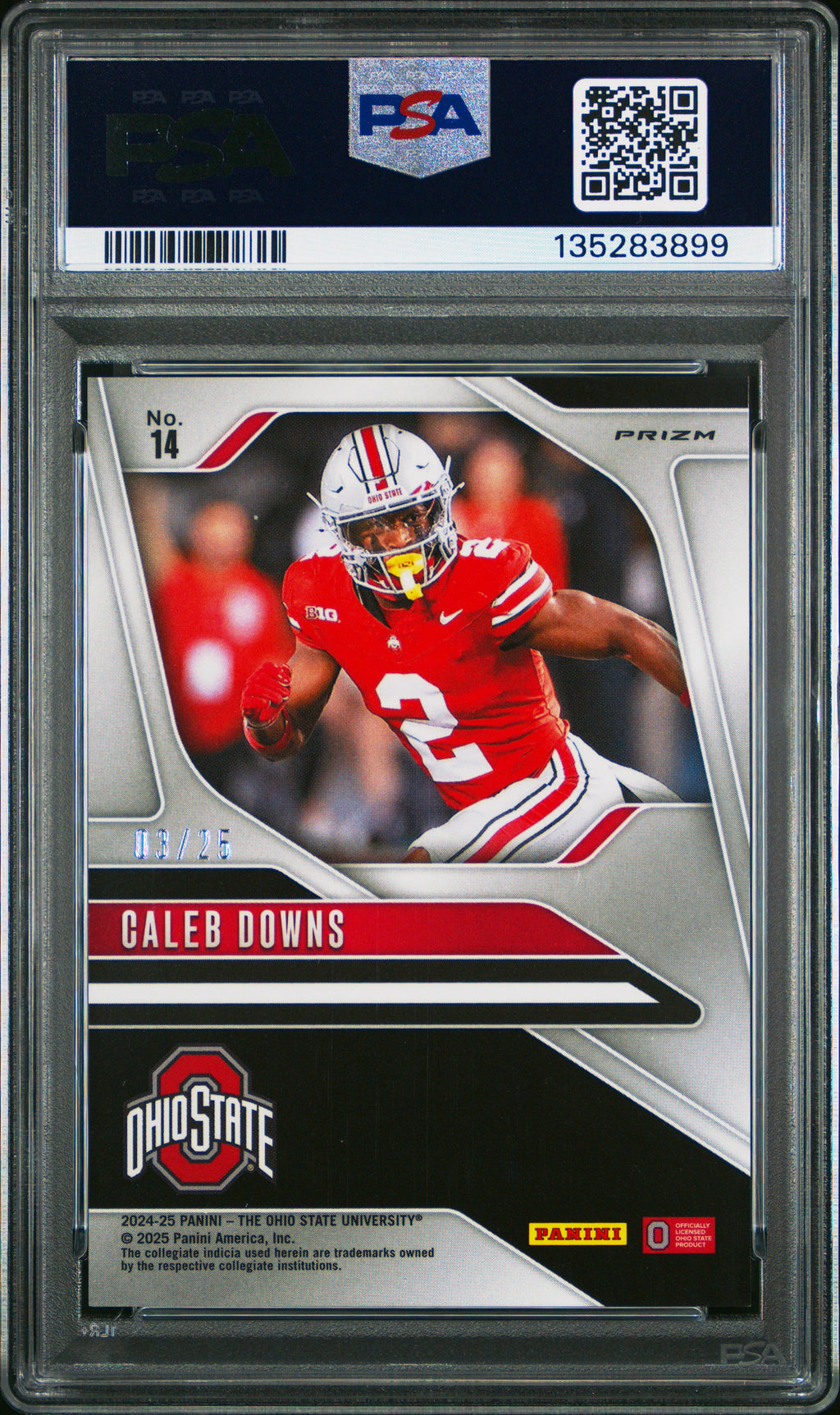 2024 Caleb Downs 2024 Panini The Ohio State University NIL Prizm Prizm-silver Vinyl 3/25 #14 PSA 10 Gem Mint