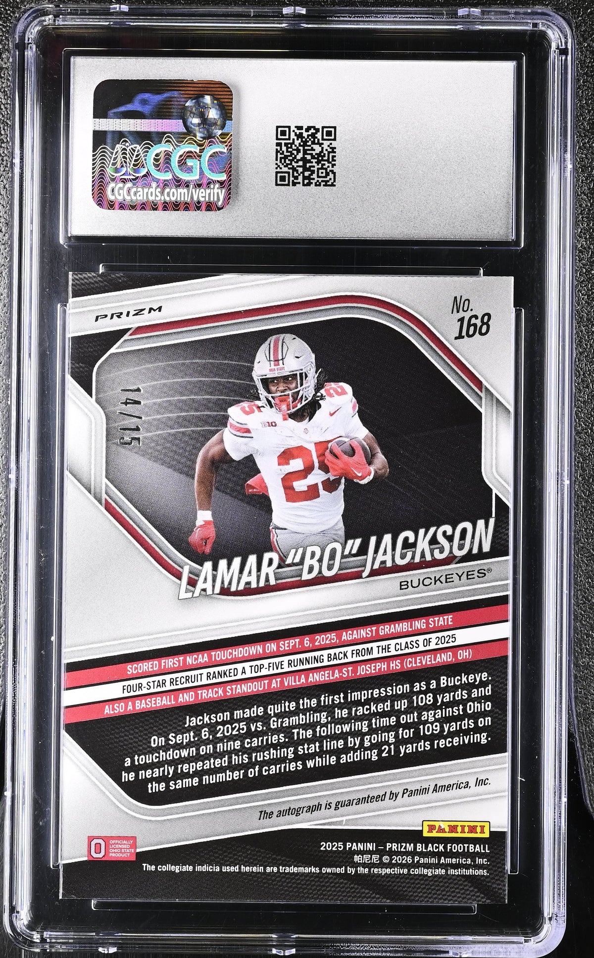 Lamar "Bo" Jackson Blue Shimmer FOTL 2025 Prizm Black Autographs 14/15 #168 CGC 9.5 Auto 10