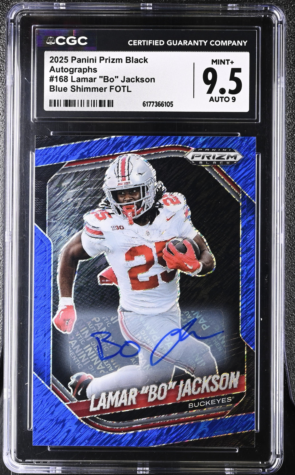 Lamar "Bo" Jackson Blue Shimmer FOTL 2025 Prizm Black Autographs 14/15 #168 CGC 9.5 Auto 10