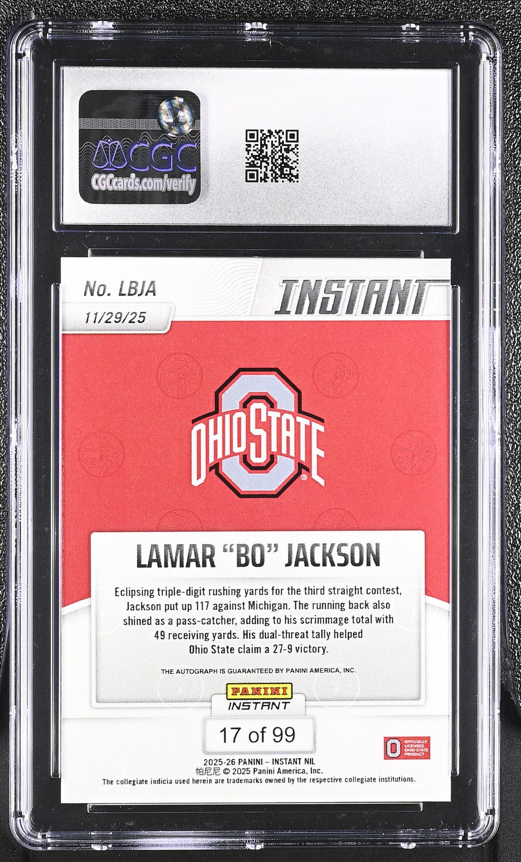 2025 Lamar "bo" Jackson 2025 Instant NIL Autographs #lbja 17/99 Auto 10 CGC 10 Pristine