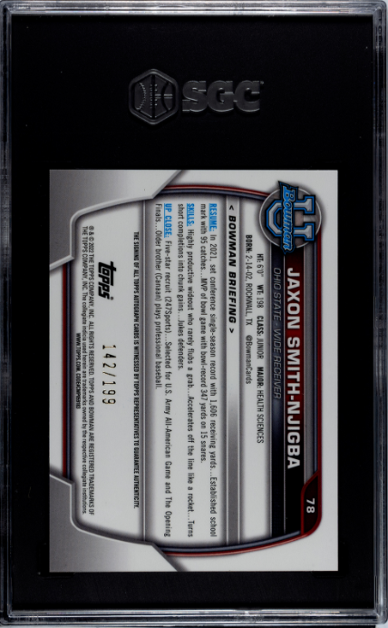2022 Jaxon Smith-njigba 2022 Bowman University Chrome Auto. Lava Refractor 142/199 #78 SGC 10 Gem Mint
