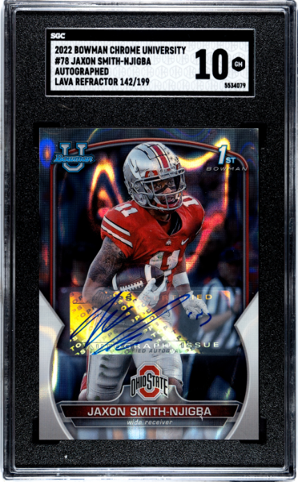 2022 Jaxon Smith-njigba 2022 Bowman University Chrome Auto. Lava Refractor 142/199 #78 SGC 10 Gem Mint