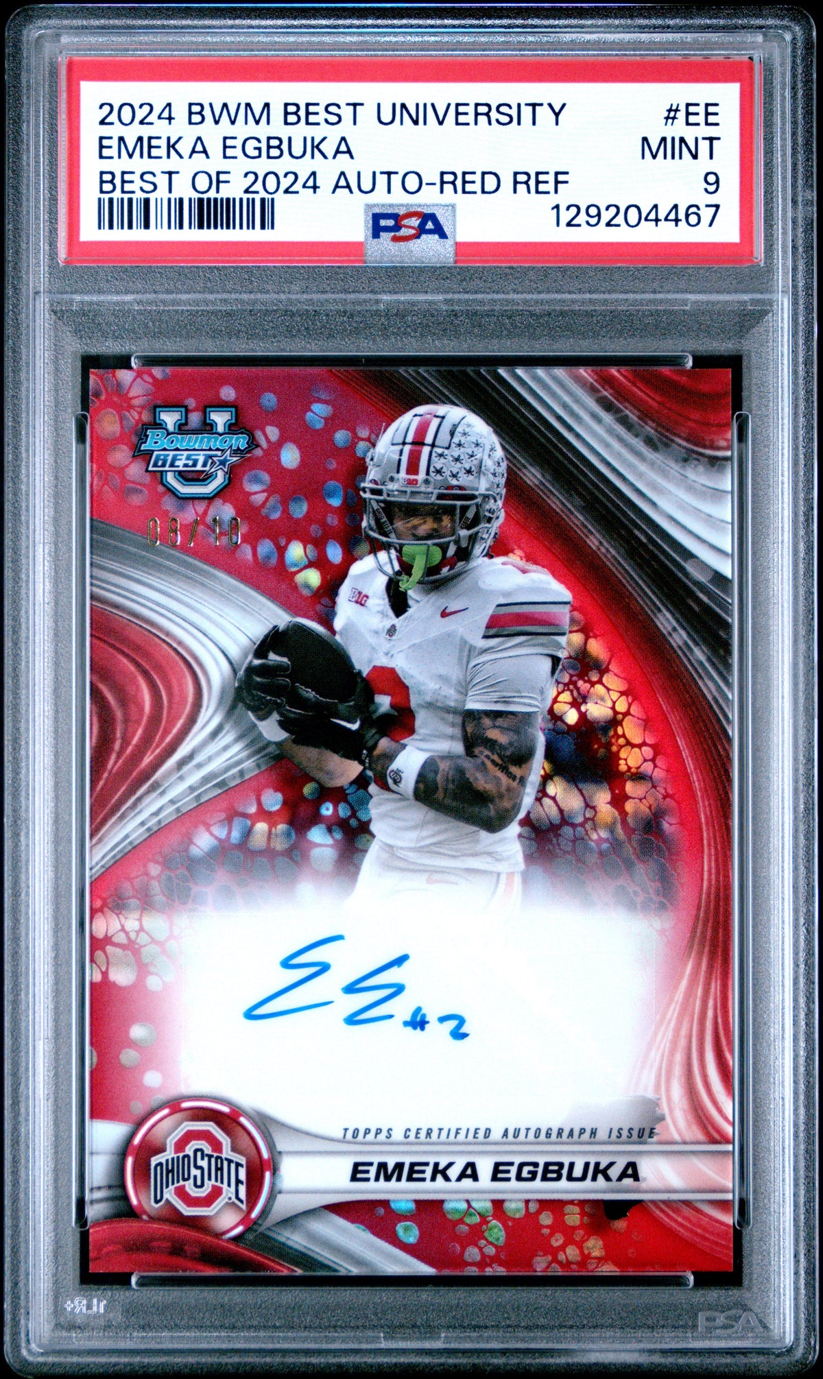 Emeka Egbuka 2024 Bowman Best University Best Of 2024 Autographs Best Of 2024 Auto-Red Refractor 8/10 #EE PSA 9