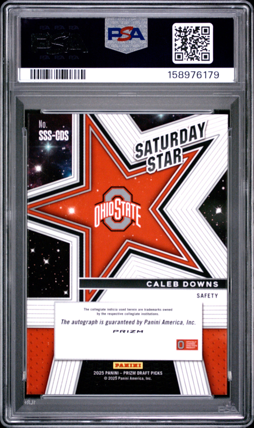 2025 Caleb Downs 2025 Panini Prizm Draft Picks Saturday Star Signatures Sat Star Sig-silver Prizm #sss-cds PSA 10 Gem Mint