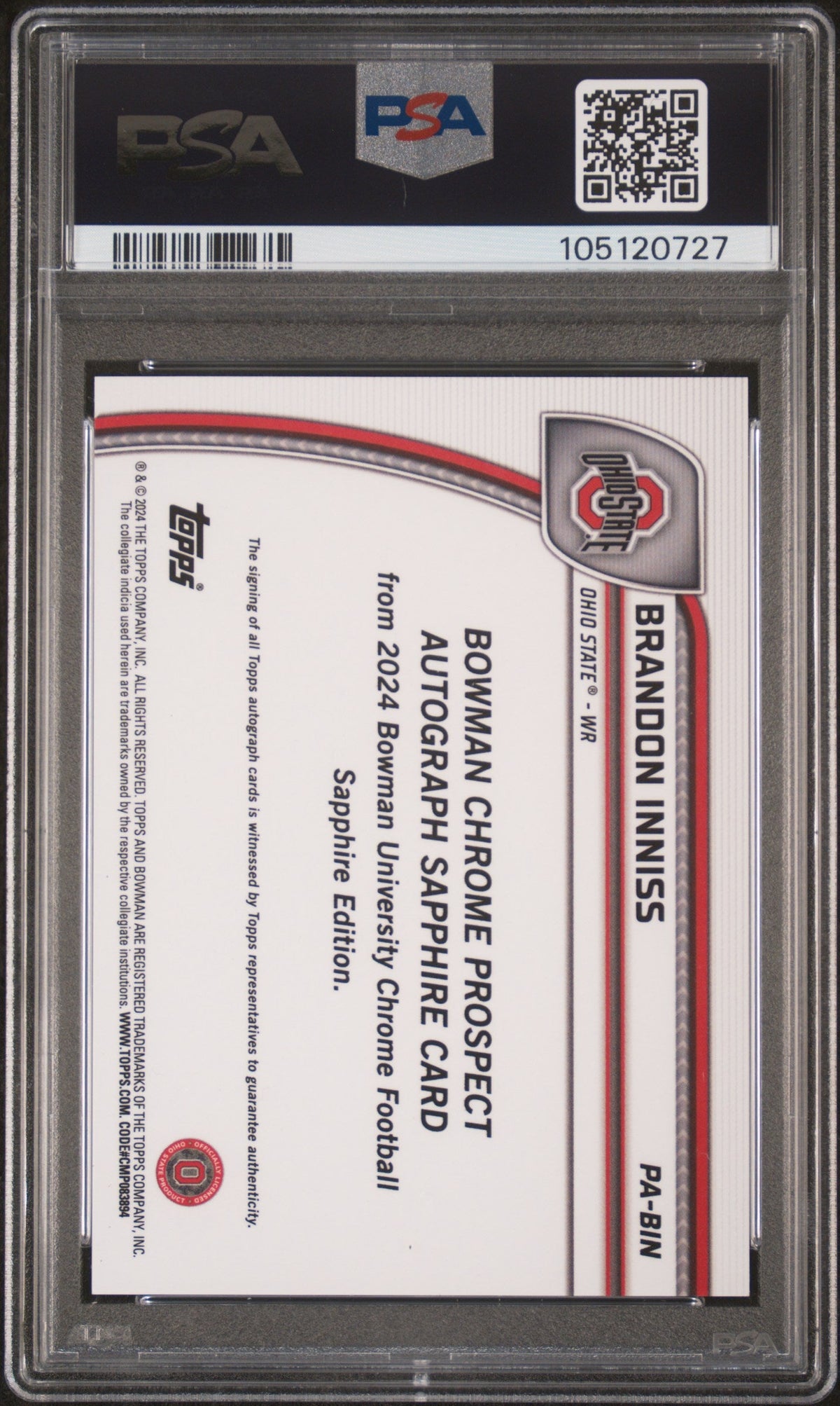 2024 Brandon Inniss 2024 Bowman University Chrome Bowman Chrome Sapphire Prospect Autographs Chrome Prspct Au-black Ref 2/10 #p...