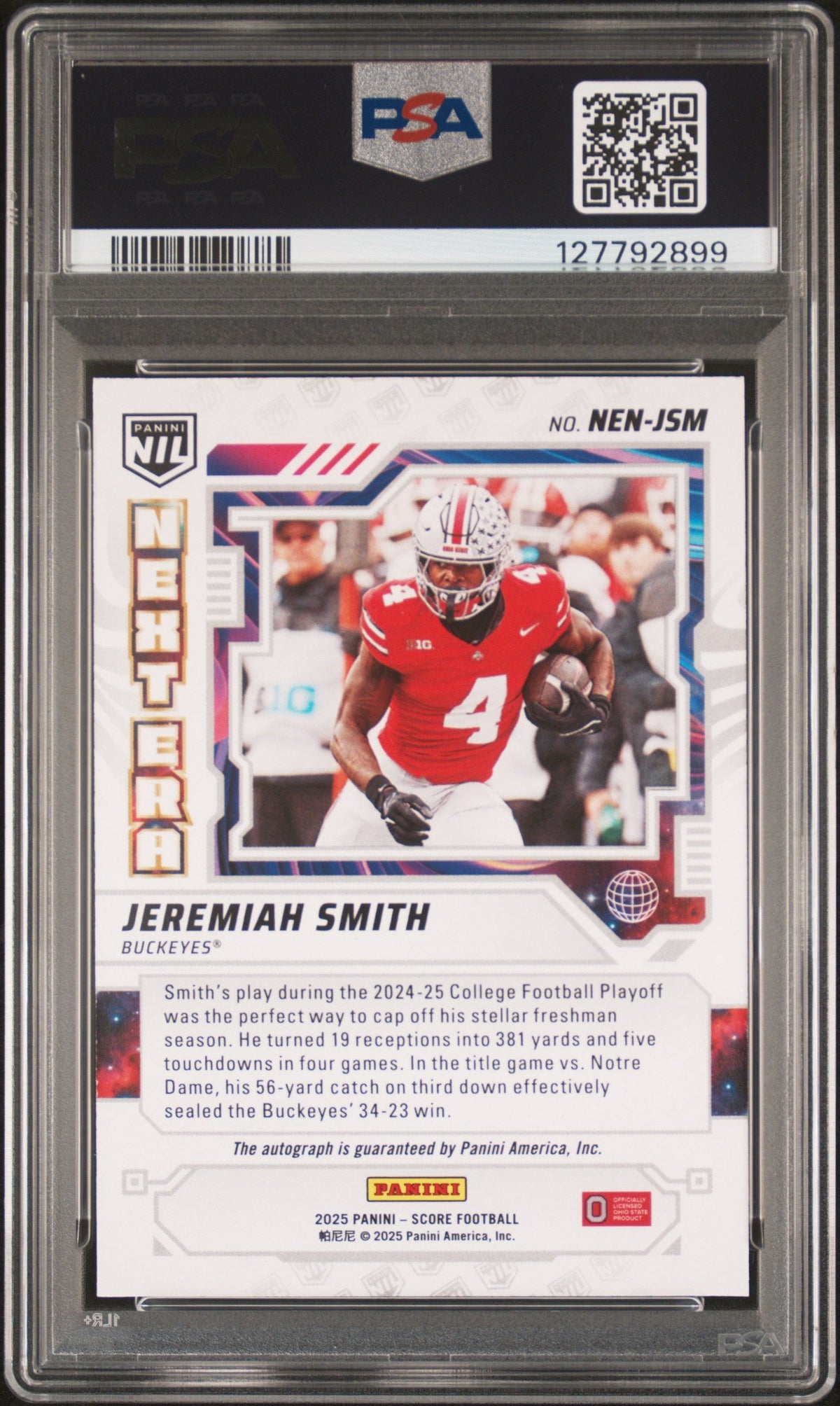 Jeremiah Smith 2025 Panini Score Next Era Nil Autographs Next Era Nil Au-Ground Zero 17/25  #NENJSM PSA 9